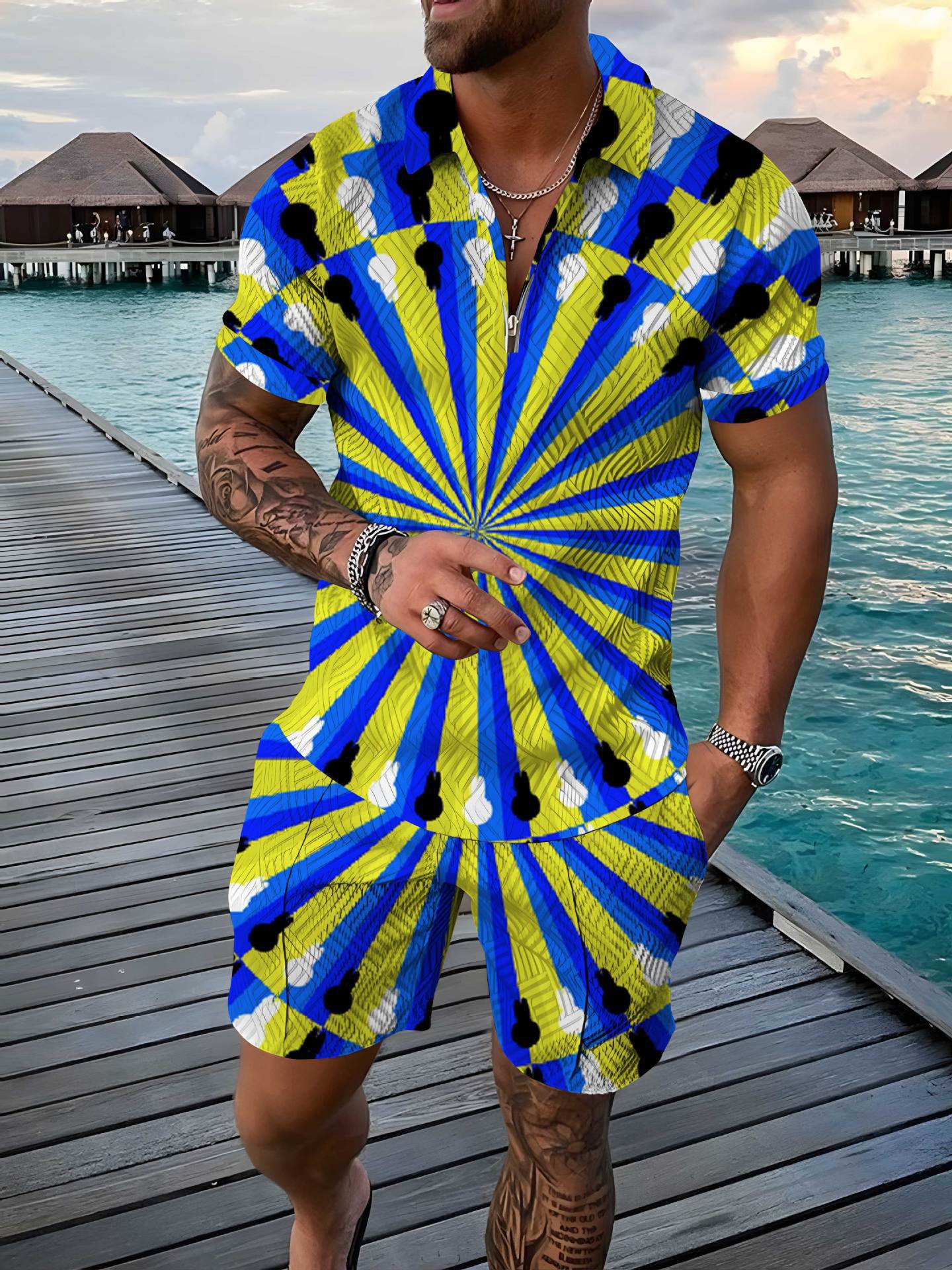 Fashion Zipper Polo Shirt Suit Men's Casual 3D Printed Polo Shirt Shorts