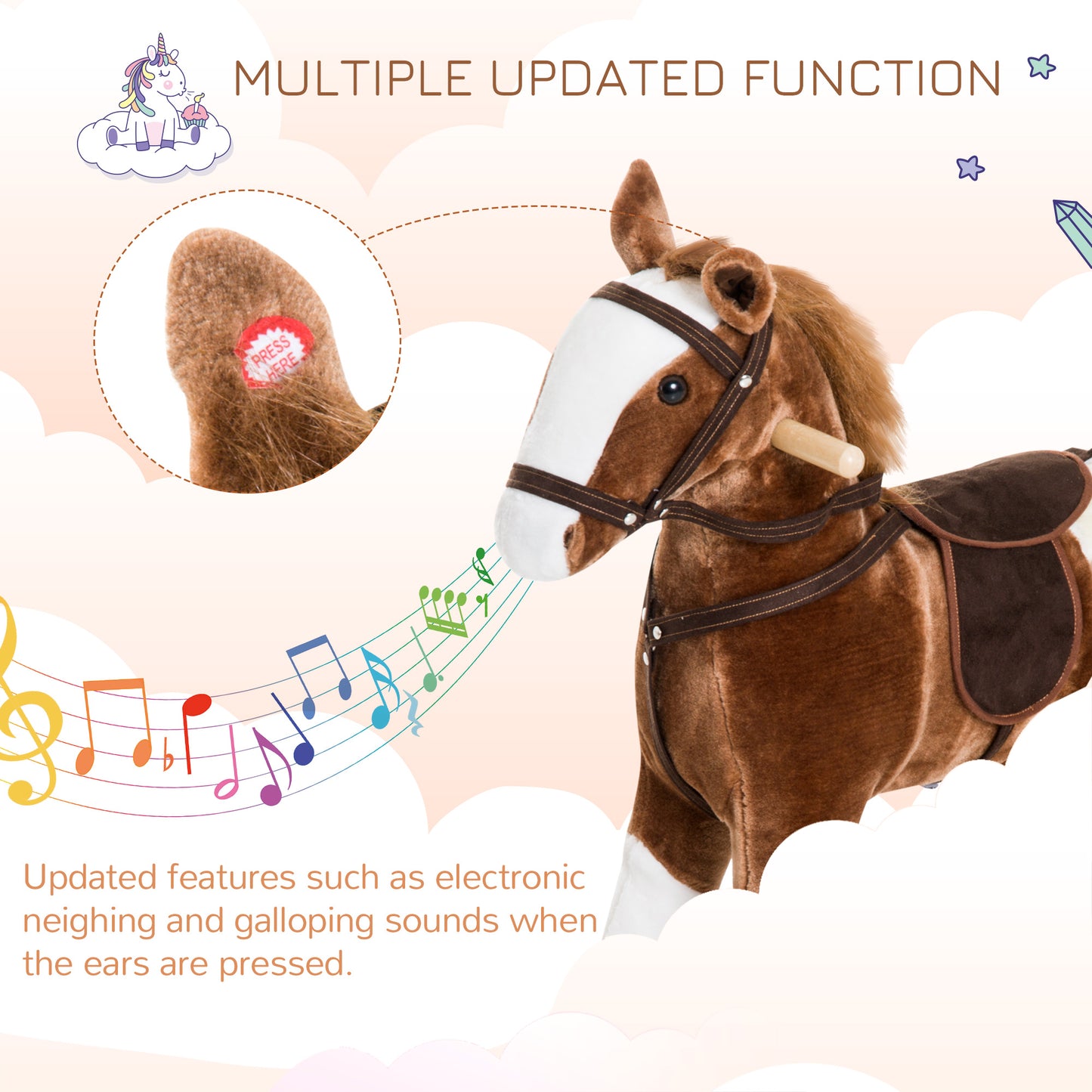 Kids Plush Toy Rocking Horse Pony Toddler Ride On Animal For Girls Pink Birthday Gifts With Realistic Sounds, Brown