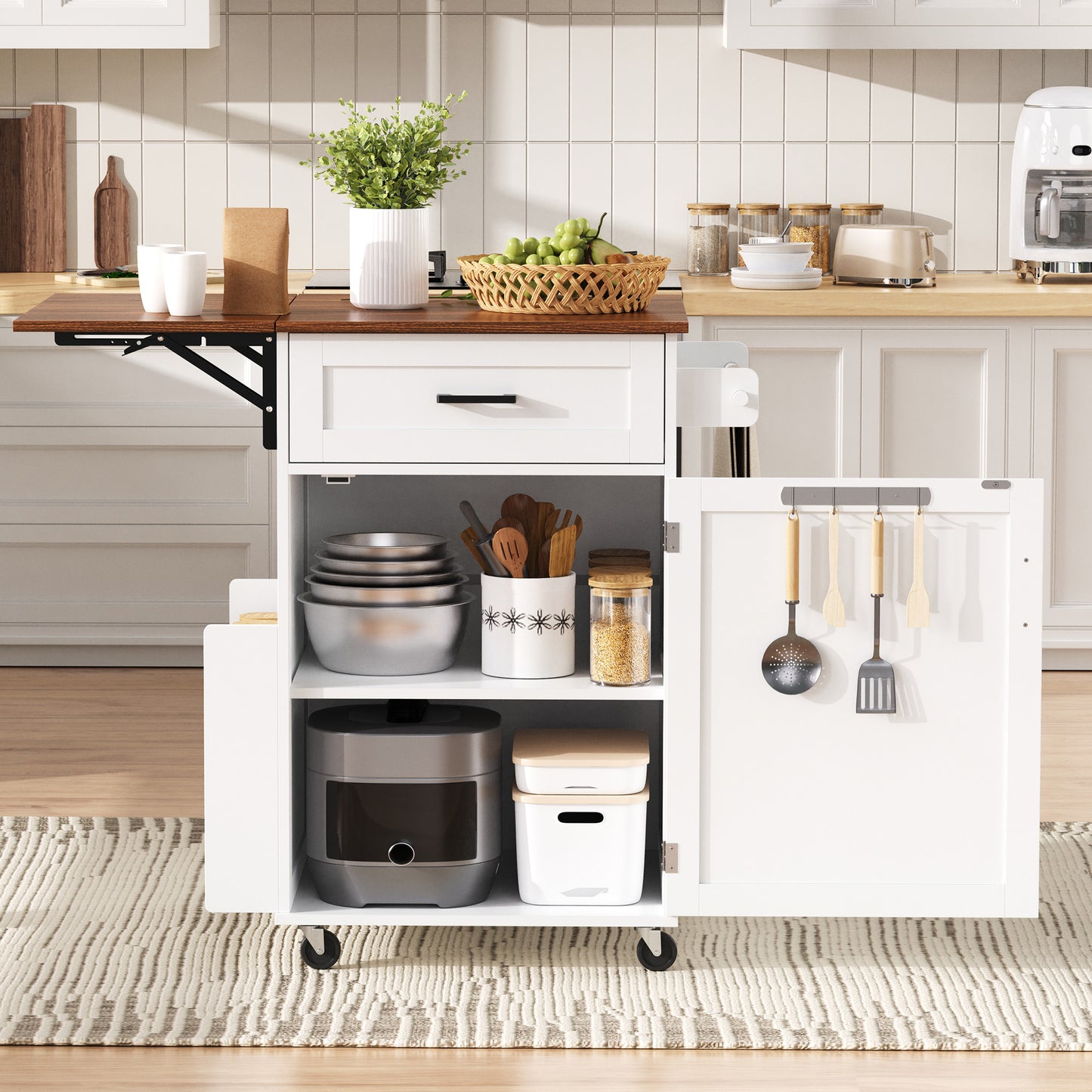 K&K 39.3  Farmhouse Kitchen Island With Drop Leaf, Kitchen Storage Island With Open Side Rack, One Drawer, Towel Rack, Rolling Kitchen Cart With Lockable Wheels For Lawn Garden, White