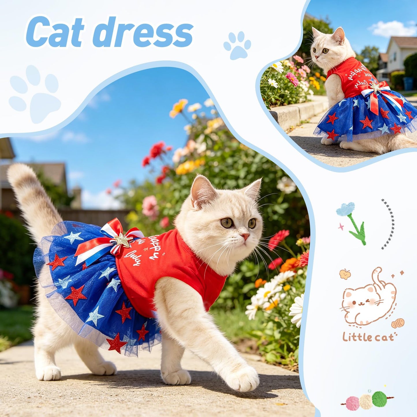 Dog Tulle Dress Independent Day Patriotic Stars Dog Outfit Sparkly Pet Holiday Dress With Bow For Small Dogs Cat Clothes