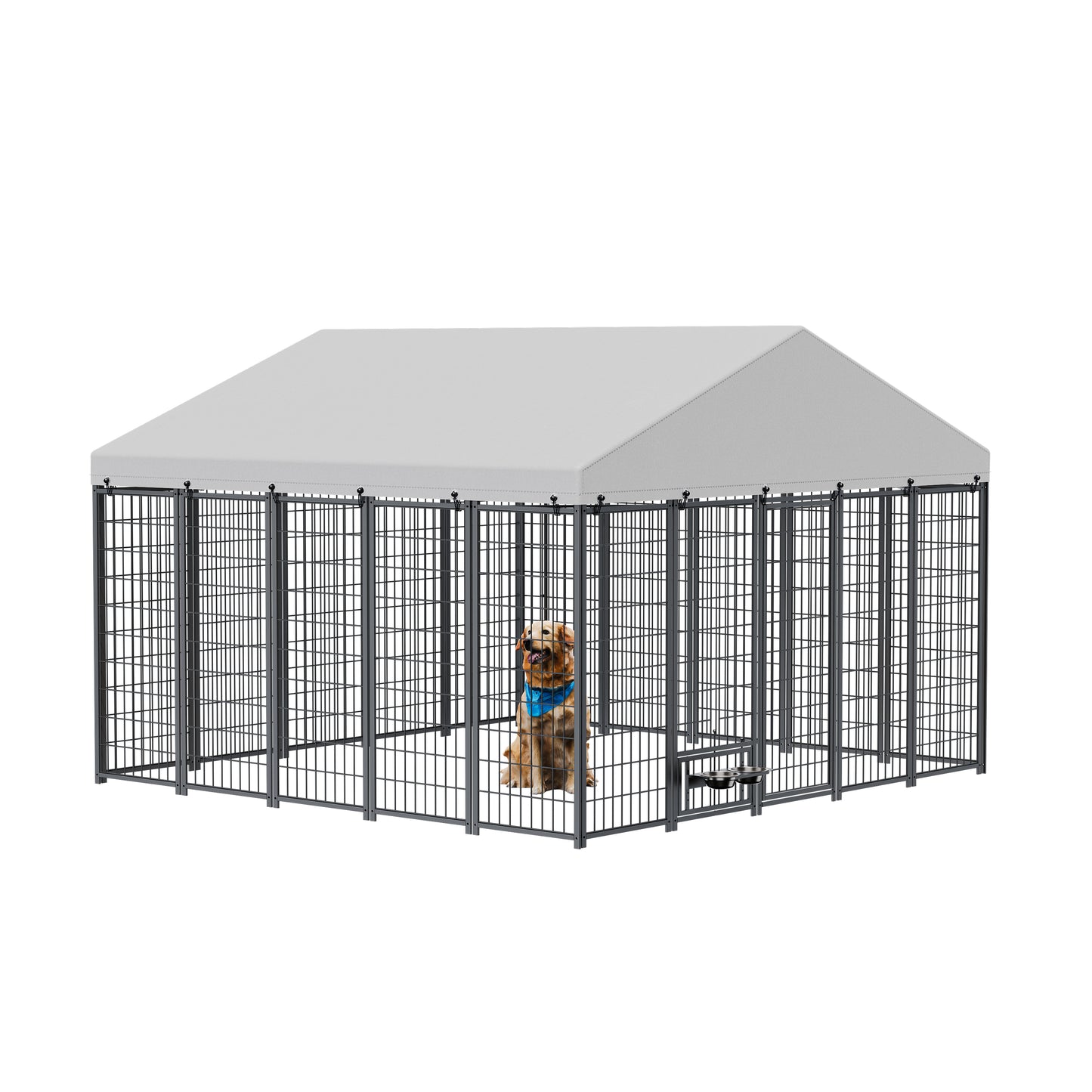 Large Dog Kennel Outdoor Pet Pens Dogs Run Enclosure Animal Hutch Metal Coop Fence With Roof Cover. 9.61'L X 9.45'W X 6.77'H.