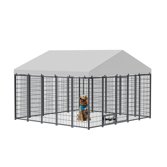 Large Dog Kennel Outdoor Pet Pens Dogs Run Enclosure Animal Hutch Metal Coop Fence With Roof Cover. 9.61'L X 9.45'W X 6.77'H.