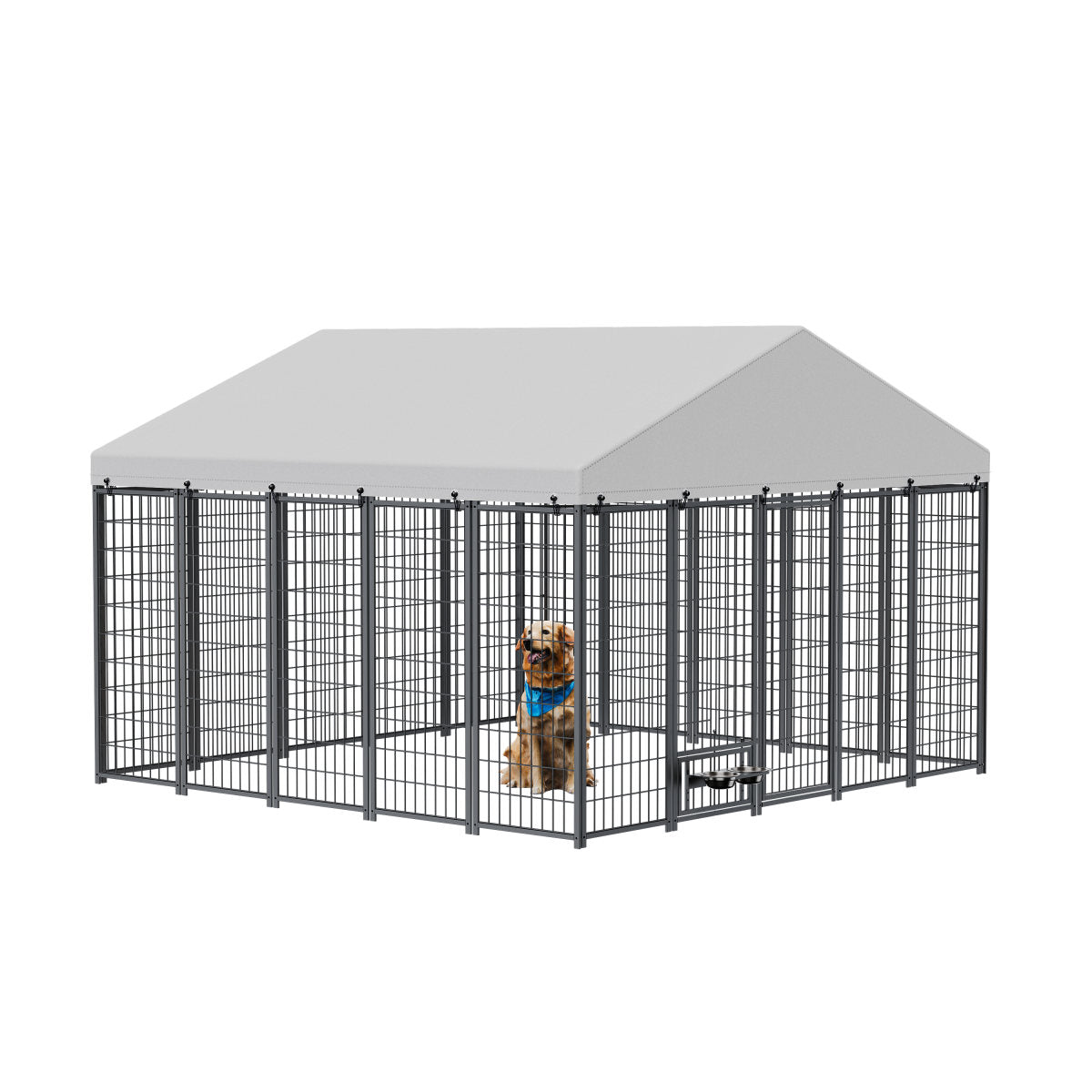 Large Dog Kennel Outdoor Pet Pens Dogs Run Enclosure Animal Hutch Metal Coop Fence With Roof Cover. 9.61'L X 9.45'W X 6.77'H.