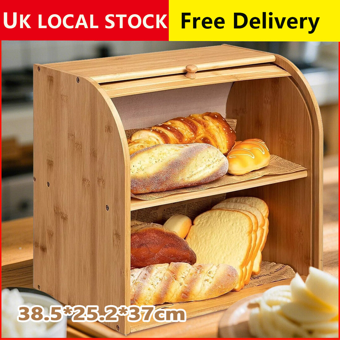 Bread Bin 2 Tiers Double Layer Box Slide Roll Top Food Storage Rack Home Kitchen