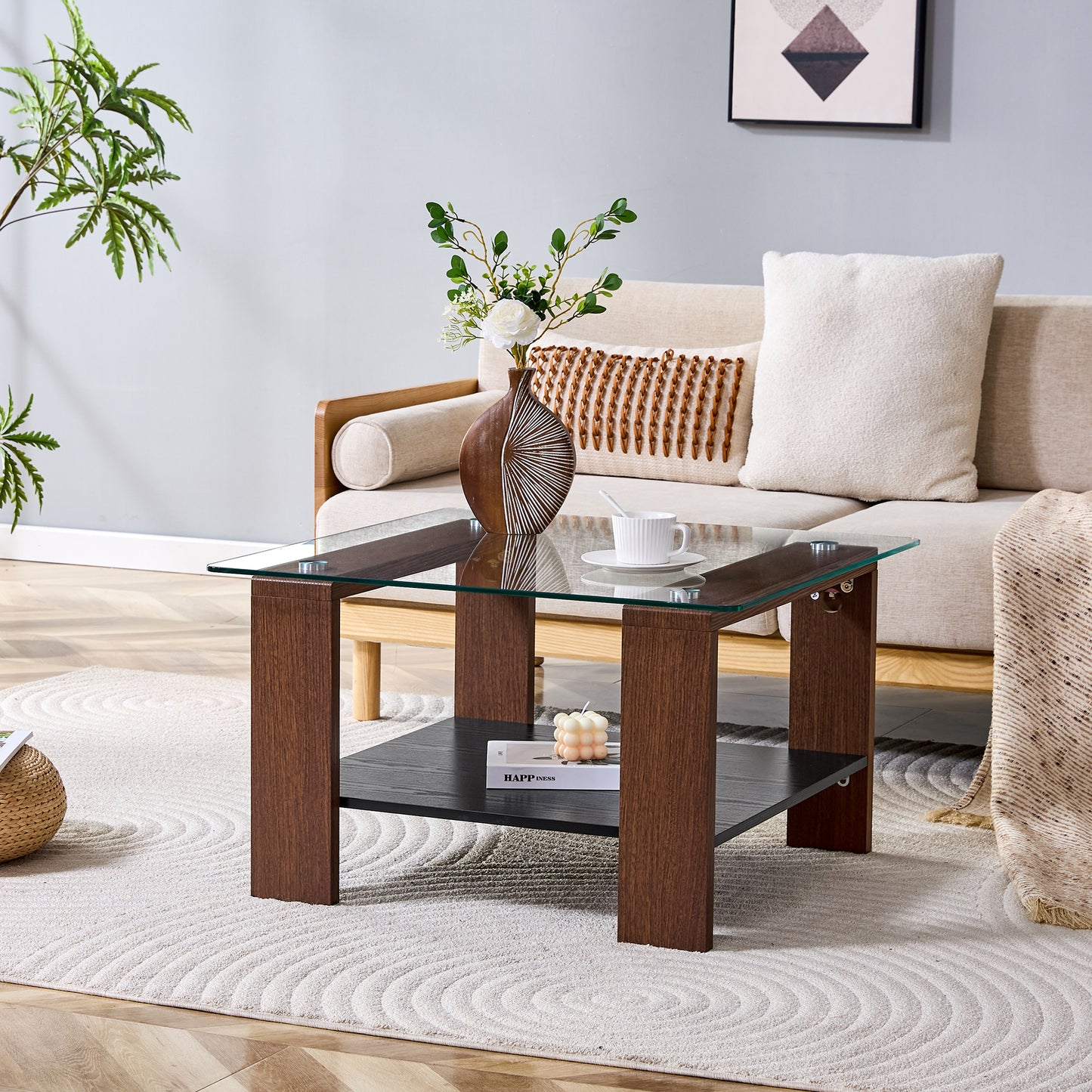 Modern Coffee Table With Storage, Tempered Glass Top And Walnut Wood Legs, 65x41x45.5cm, Contemporary Living Room Table For Home Office, Apartment And Small Rooms