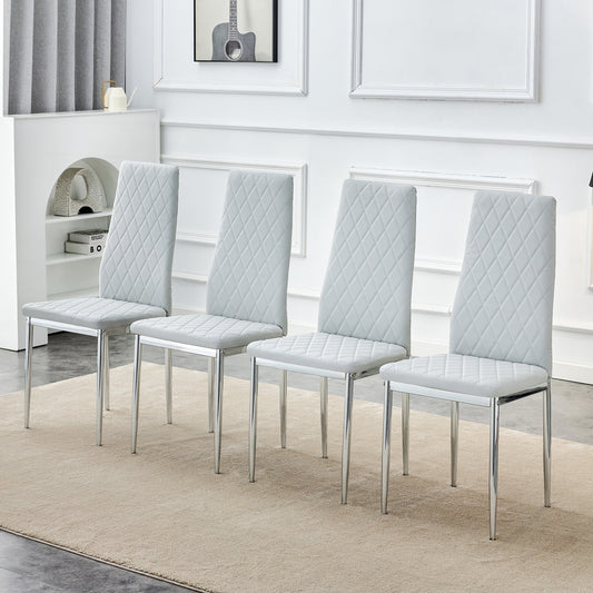 Set Of 4 Dining Chairs, Light Grey, Diamond Pattern PU Leather, Metal Legs, Modern Chair For Kitchen, Living Room, Cafe & Home Office