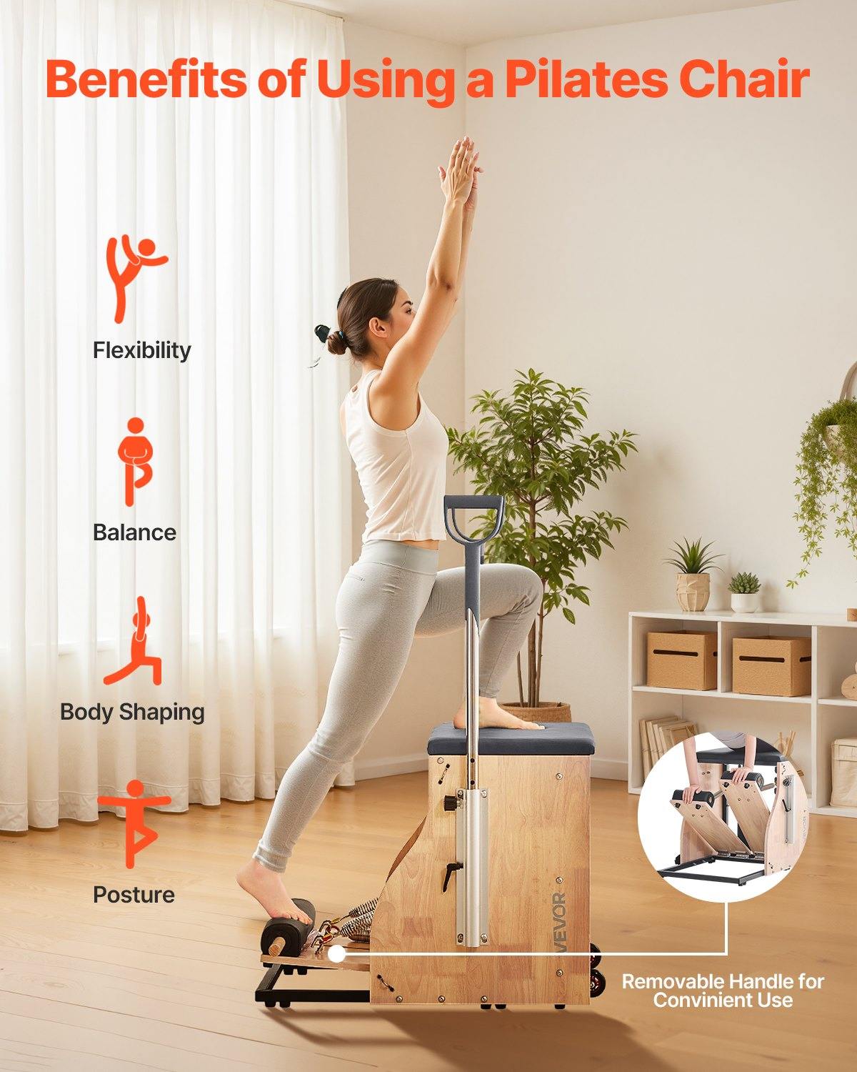 Pilates Chair, Split-Pedal Stability Combo Chairs With Handles, Rubber Wood Frame Yoga Fitness Trainer, Exercise Reformer, Pilates Resistance-Workout Equipment, For Home Gym Studio Workout