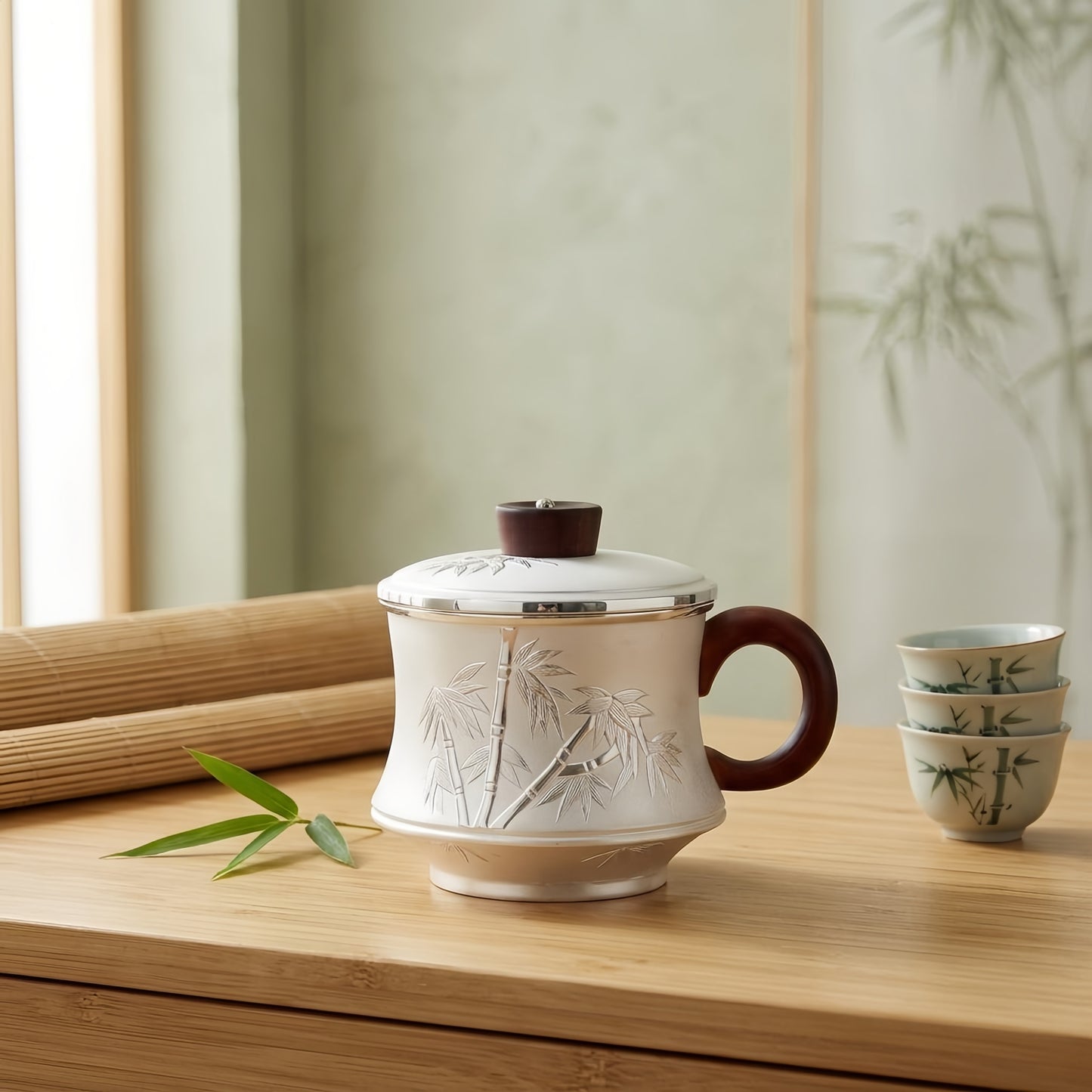 Pure 999 Fine Silver Handcrafted Silver Tea Mug with Bamboo Relief and Rosewood Accents - Handicraft