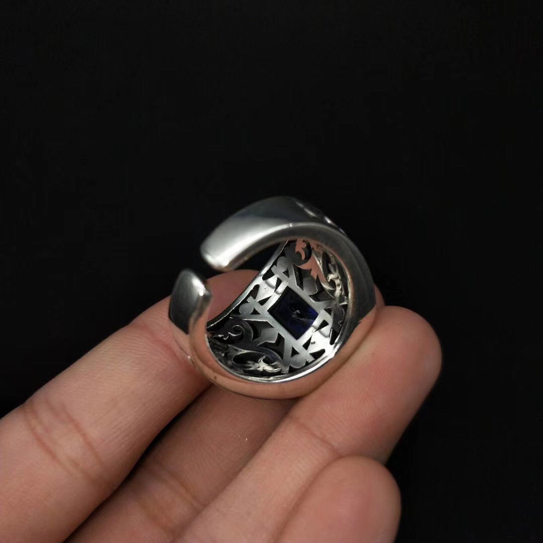 1pcs 925 Sterling Silver Ornate Blue Stone Statement Ring, Retro Masculine Style, Ideal For Birthdays & Men's Gothic Gifts