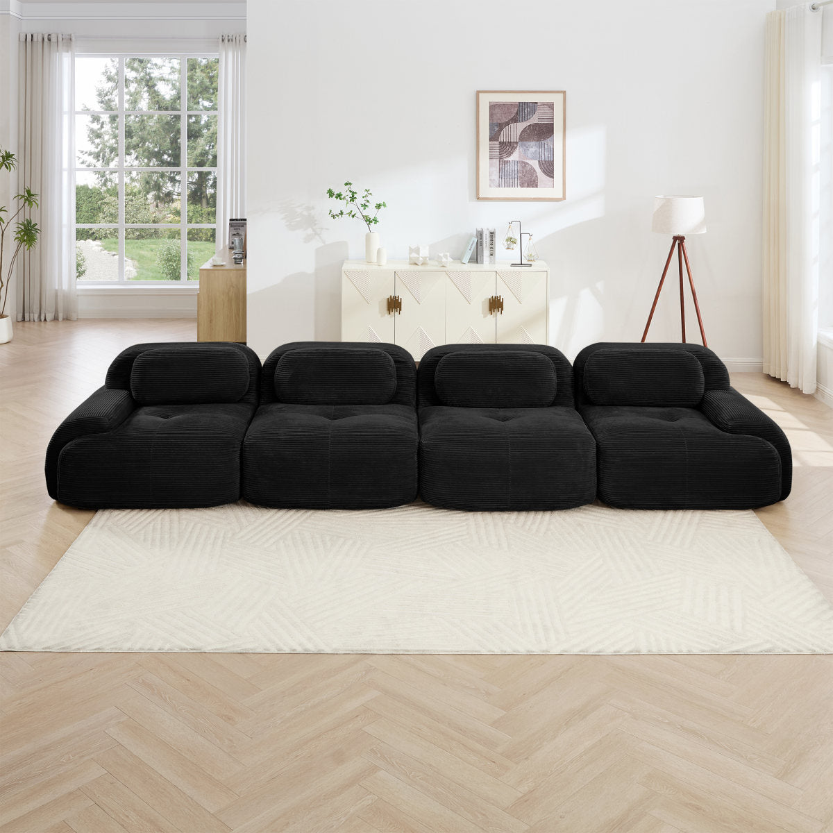 4-seat Sofa Soft Corduroy Fabric 32D High-resilience Sponge Pet-friendly Ergonomic Design Full Compression Vacuum Packaging Free Combination No Assembly For Bedrooms Studies,Black