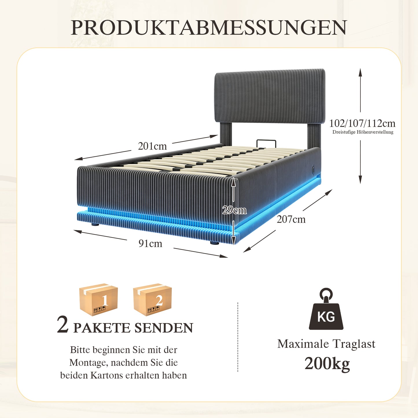 Modern Upholstered Beds With LED Lighting And USB-C Charging Function, Height-adjustable Headboard, Corduroy Fabric, Sturdy Slatted Frame, Large Underblanket Storage Space And Comfortable Upholstered