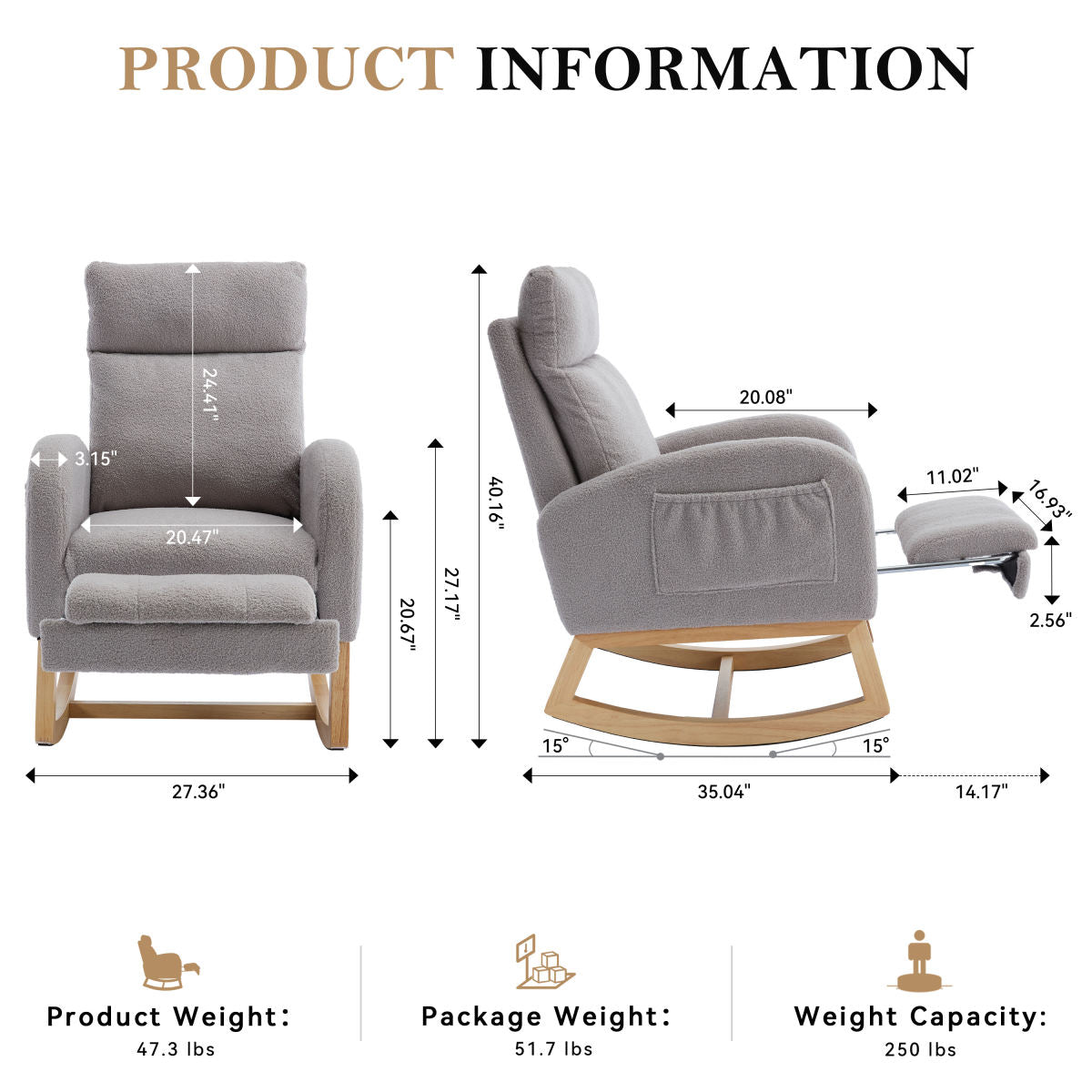 015B-Teddy Fabric Leisure Rocking Chair,Nursery Rocking Chair With Adjustable Footstool,Thickened Headrest And High Backrest, Storage Pocket On The Right Side,The Base Rocker Is Solid Wood,Light Gray