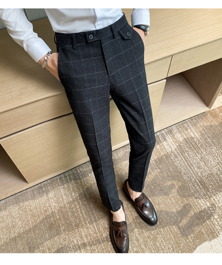 Korean Style British Classic Checkered Elegant Slim Fit Men's Best Man Pencil Pants Suit Pants