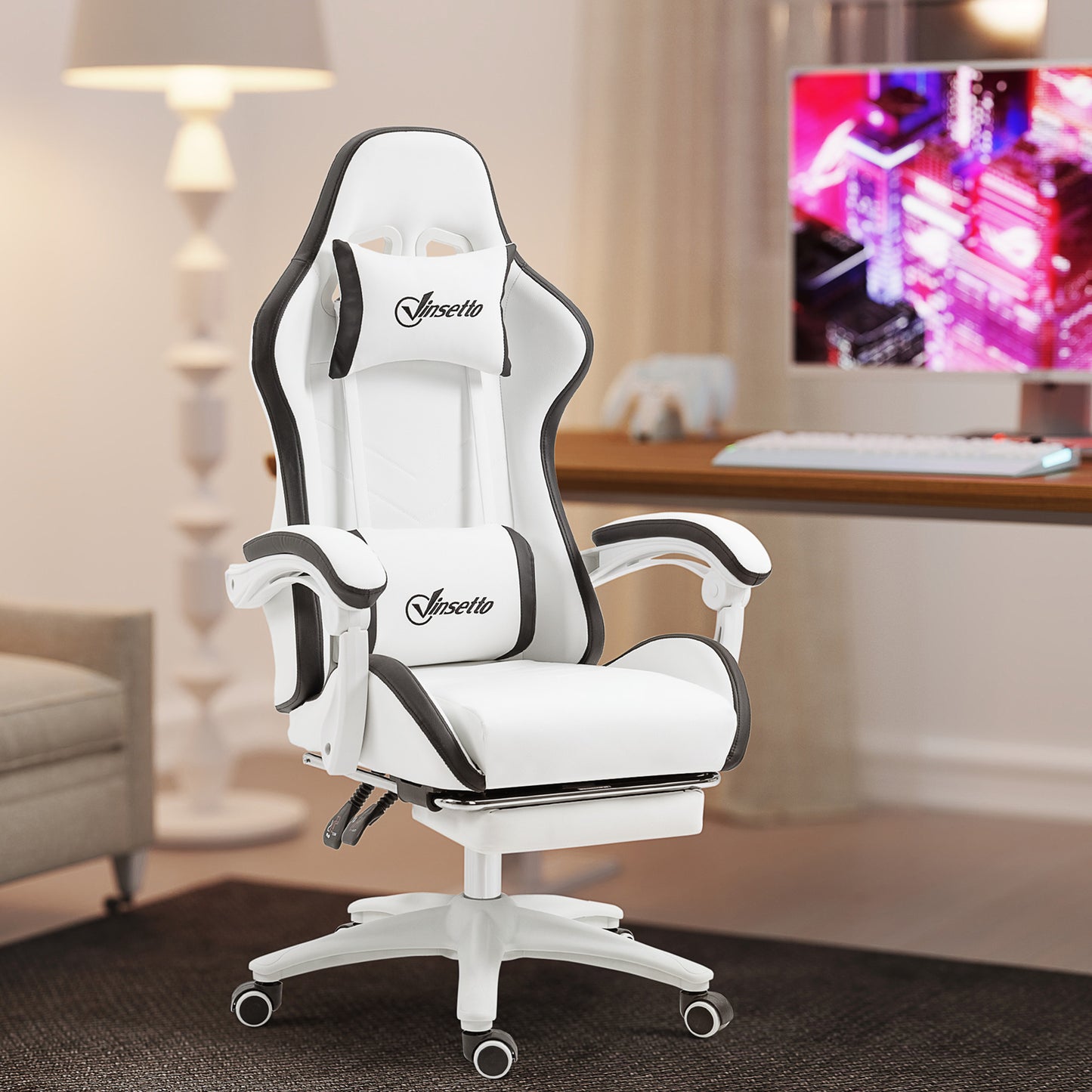 Vinsetto Computer Gaming Chair, PU Leather Office Desk Chair With Footrest, Swivel Wheels, 135° Reclining Back, Lumbar Support, Headrest For Home, White And Black