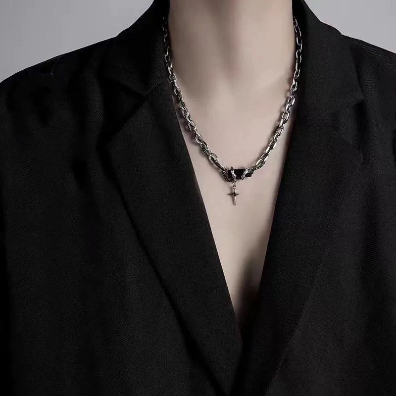 1pcs Mixed Link Chain Black Rectangle Stone Star Cross Pendant Necklace, Dark Cool Aesthetic Style, For Men Women Daily Party Wear & Couple Valentine Gifts