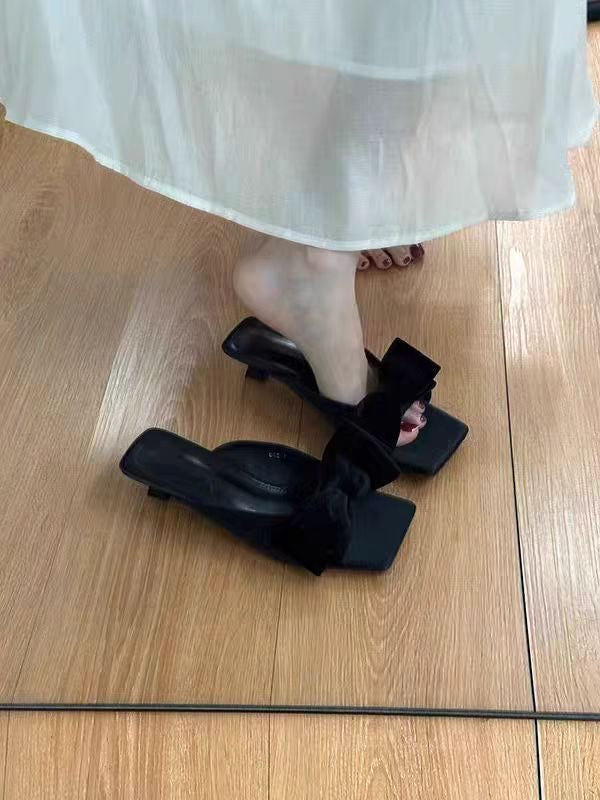 Women's French Bow Sweet Square Toe Slide Sandals, Summer Outdoor Wear Anti-Slip Thin Low Heel Mules, Match With Dresses