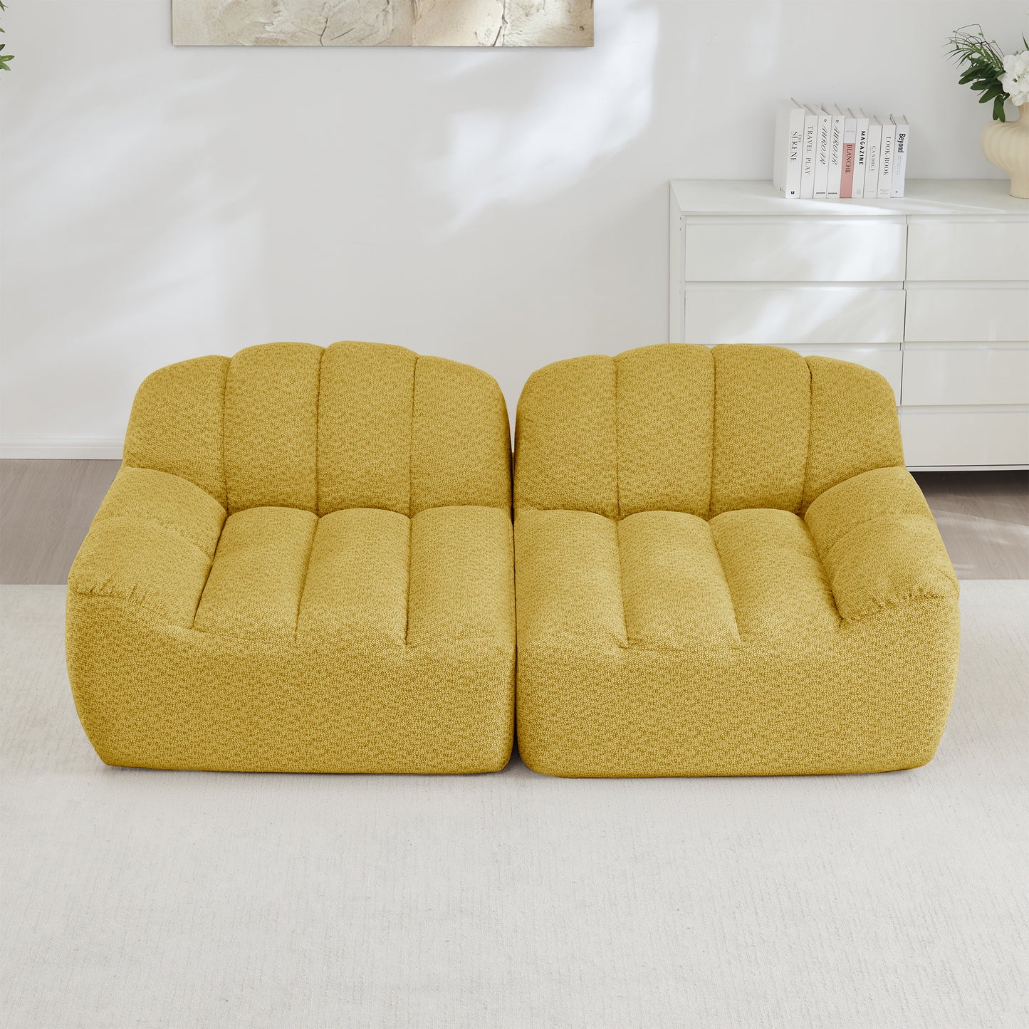 2 Seater Modular Boneless Sofa, Shell Shape, Deep Seat Cushions, Sofa For Living Room & Apartment, No Setup Required, Yellow