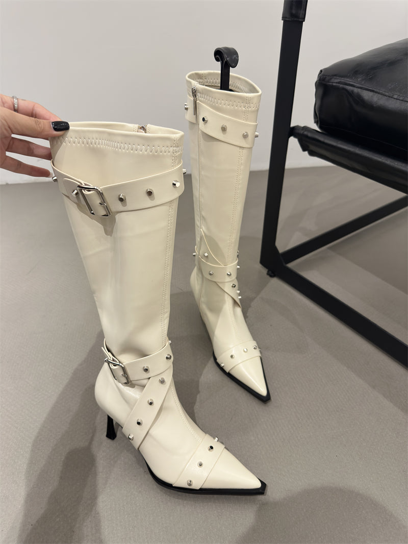 Women's Pointed Toe High Heel Knee-High Knight Boots, 2026 New Autumn Winter Slim Fit Boots, Vintage Studded Boots With Belt Buckle