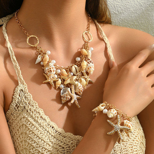 Cross-border European American Ocean Style Women Jewelry Set, Unique Starfish & Shell Inlaid Pearl Design Matching Necklace & Bracelet Accessories