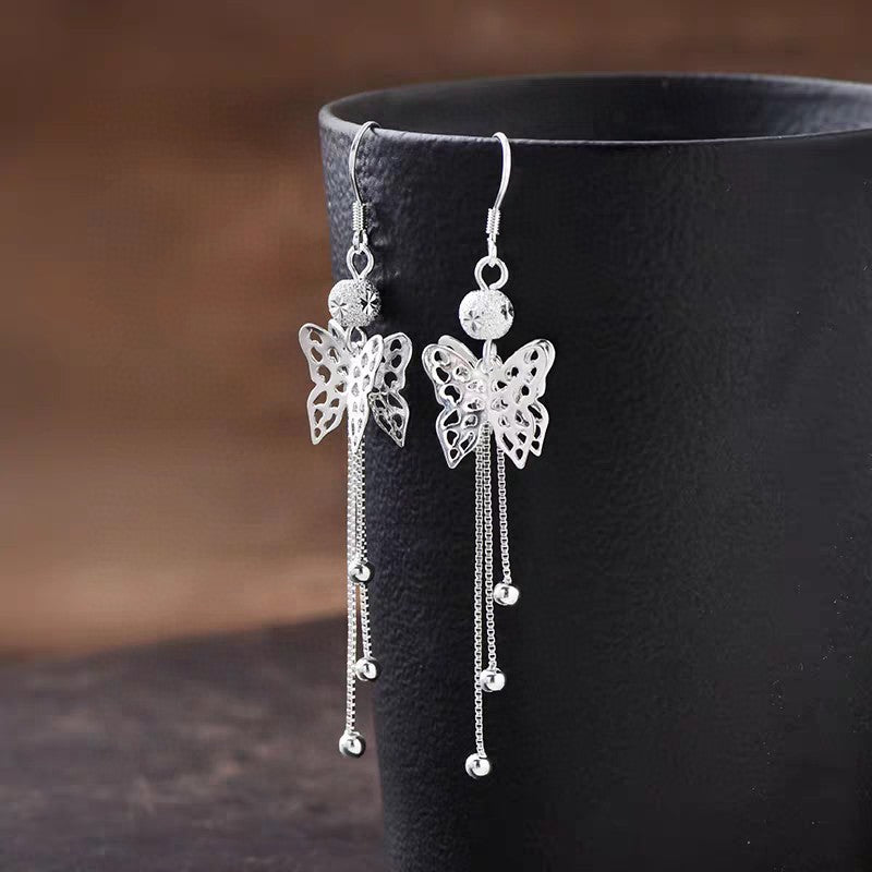 1 Pair Sterling Silver Hollow Butterfly Long Tassel Earrings, Elegant & Slimming, Perfect For Daily, Party & Dating, Ideal Valentine's Gift