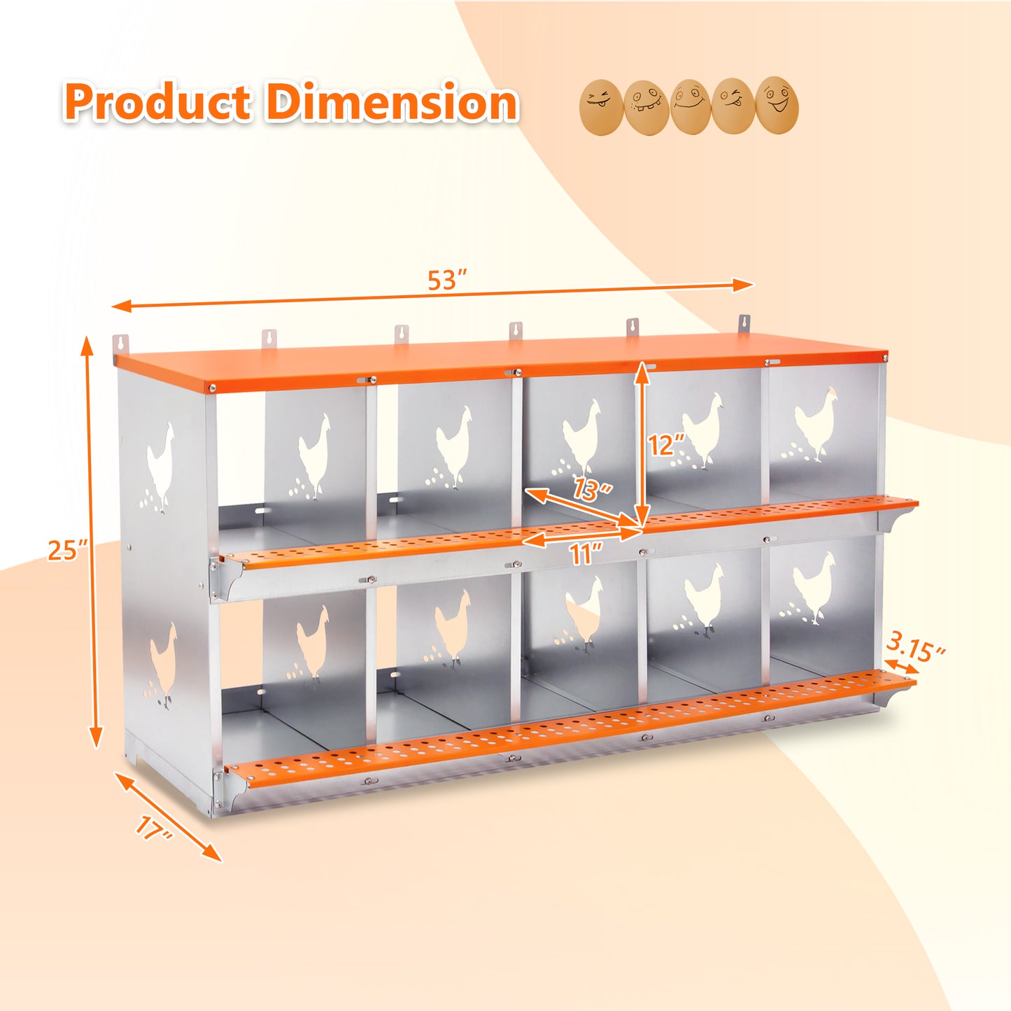 10-Bay Metal Nest Box-Wall Mount For Hens Ducks, Easy Egg  Assembly, Vented Galvanized Steel Coop Equipment Orange