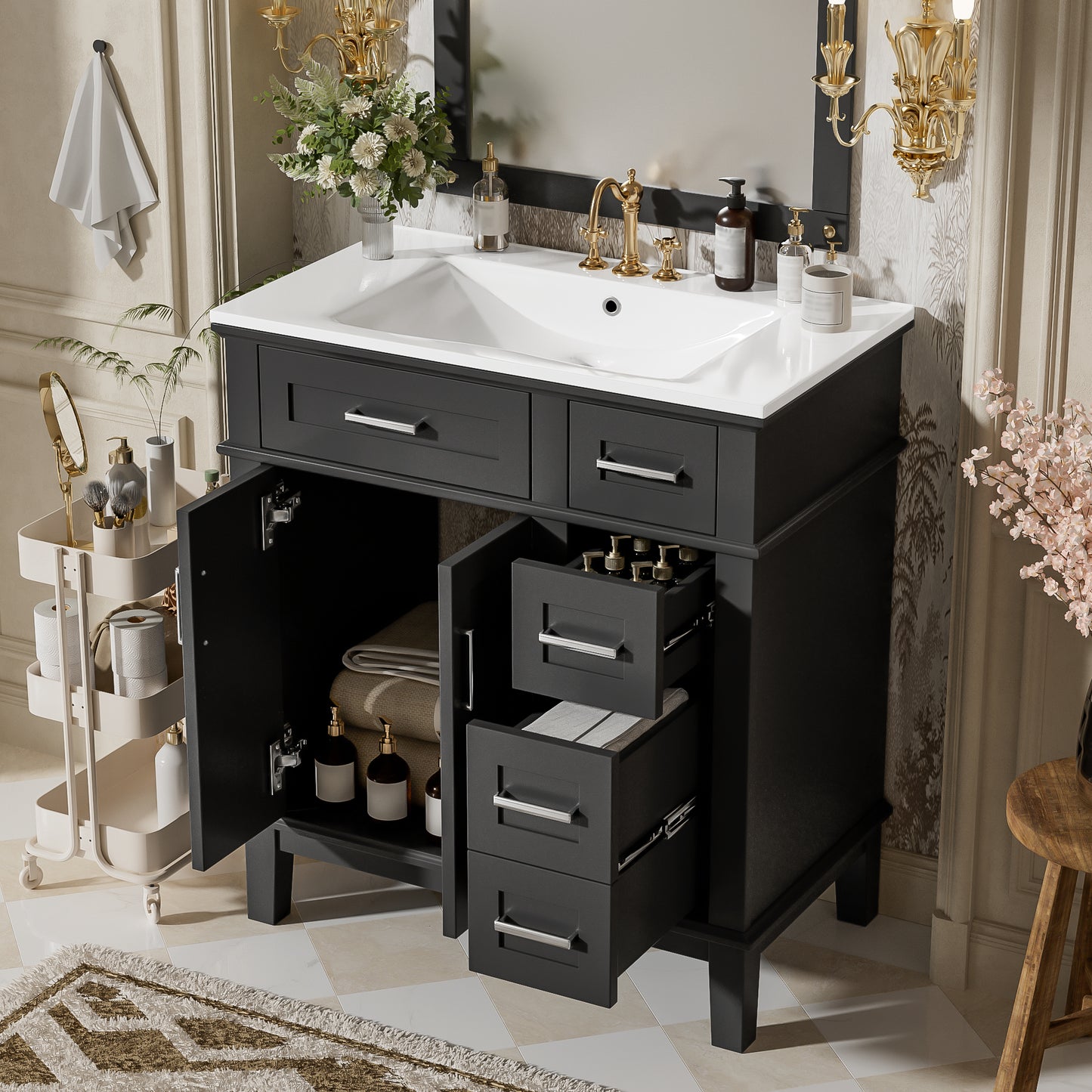 30  Bathroom Vanity With Ceramic Sink, Modern Storage Cabinet With Soft-Close Doors, Deep Drawer & Standard Drawer, Stylish Bath Vanity For Small Bathrooms