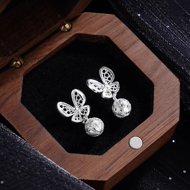 1 Pair 999 Sterling Silver Filigree Hollow Butterfly Palace Bell Stud Earrings, Retro & Elegant, Perfect For Daily, Dating & Gifting, Ideal Valentine's Gift