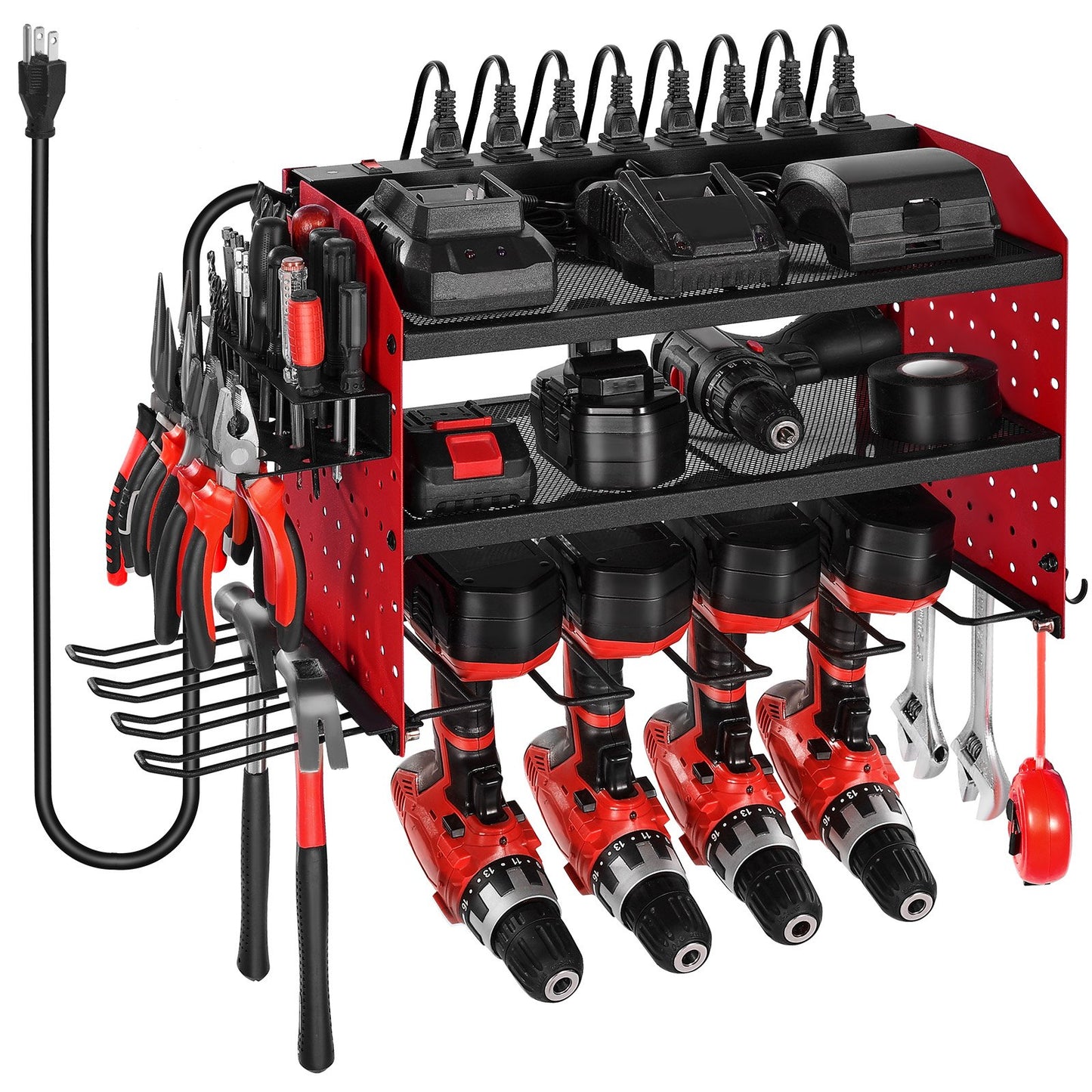 Power Tool Organizer With Charging Station, 3-Layer Drill Storage Rack With 4 Drill Holders & Side Pegboard, Garage Tool Organizer Built In 8 Outlet Power Strips For Garage, Workbench, Workshop