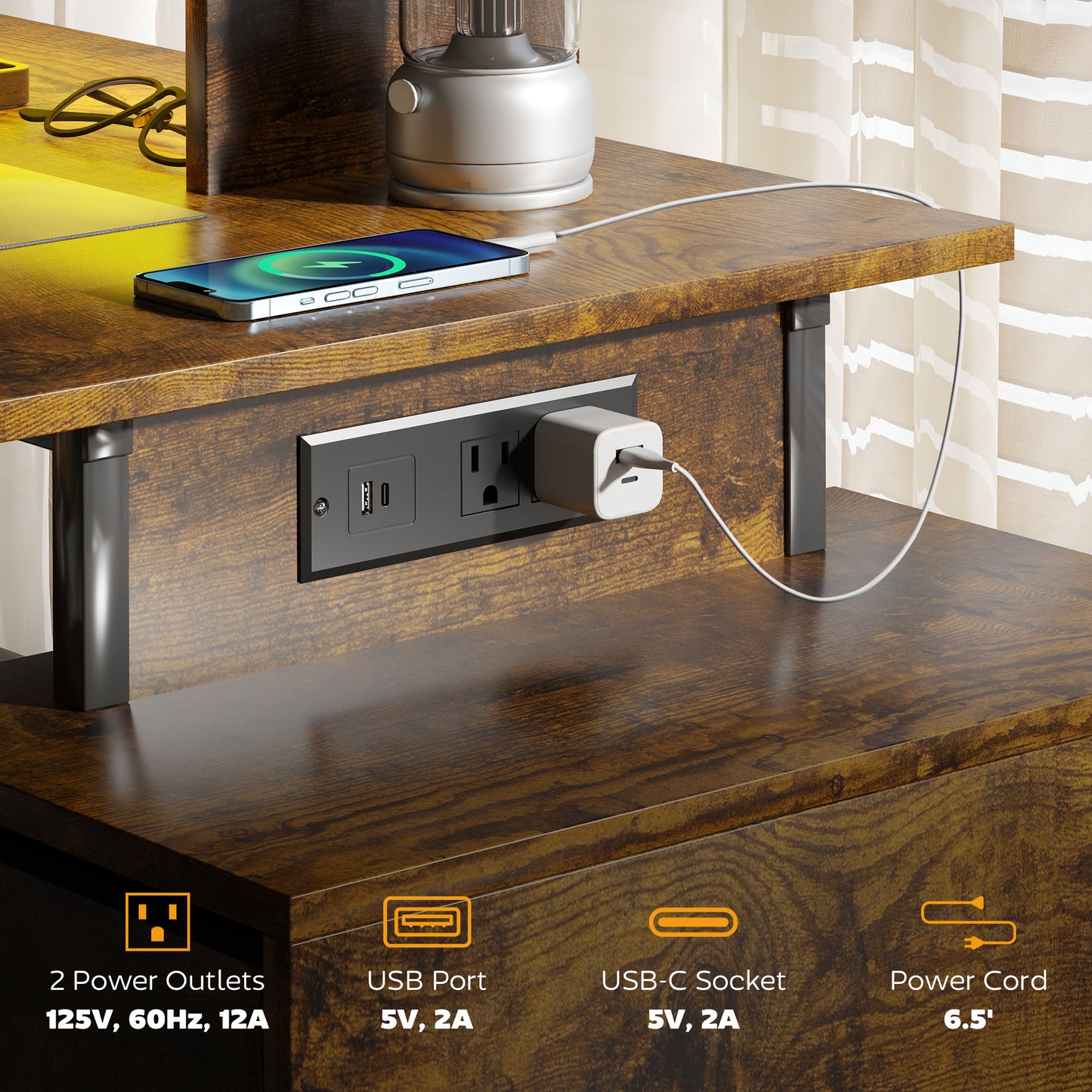 56" Computer Desk with Storage, Computer Table with Power Outlets and LED Lights, Rustic Brown