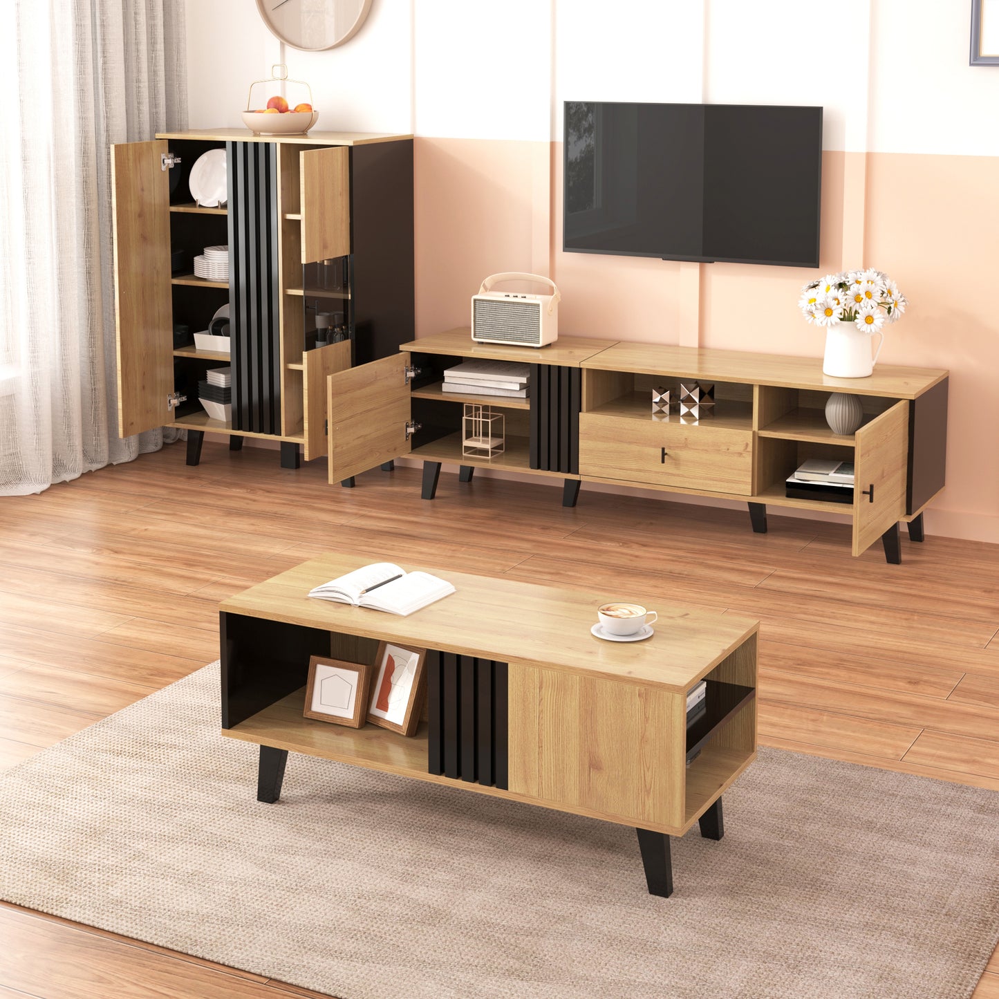Living Room Furniture Set 3 Pieces  Coffee Table, TV Cabinet & Sideboard  Modern Design In Wood And Black  Plenty Of Storage Space, Stylish Elegance For Every Home