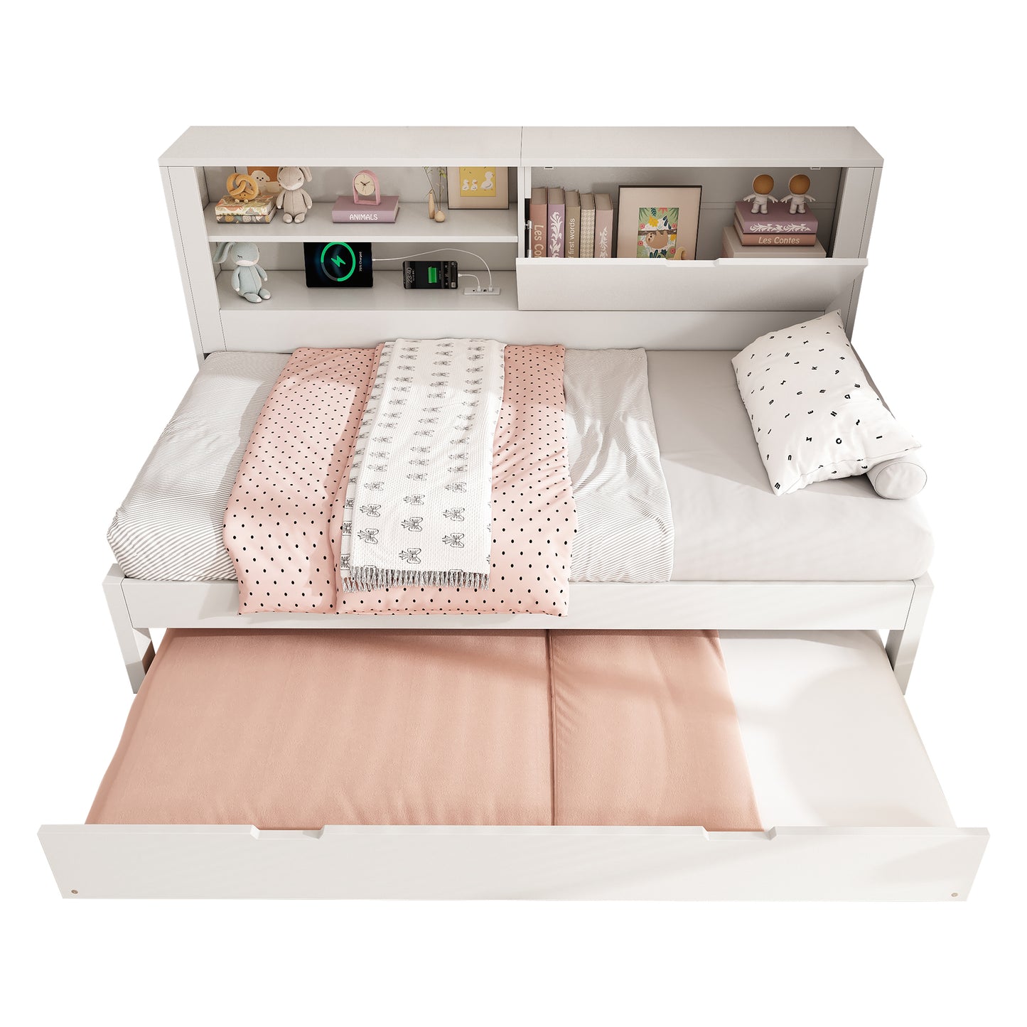Sofa Bed Single Bed 90x190 Cm With Pull-out Bed 90x190, White Bed Frame With Storage Back Panel, Open Compartment, Concealed Folding Storage Space, USB-USB-C Charging Station, Slatted Base, Without Ma