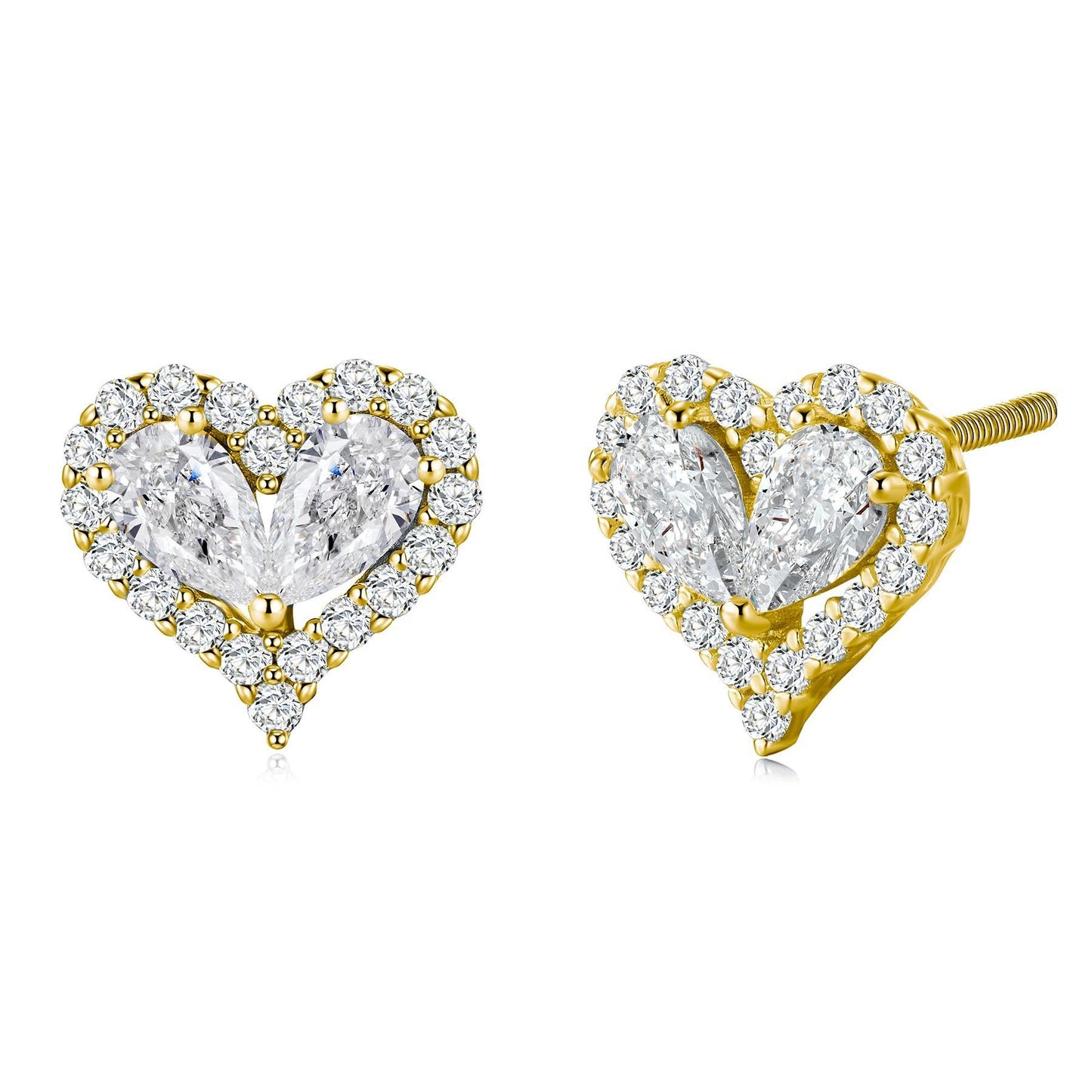 S925 Sterling Silver Heart Moissanite Stud Earrings, 3x5mm D-VVS1 Two-Stone Halo, Platinum Plated 1.9g Romantic Jewelry Gift Box