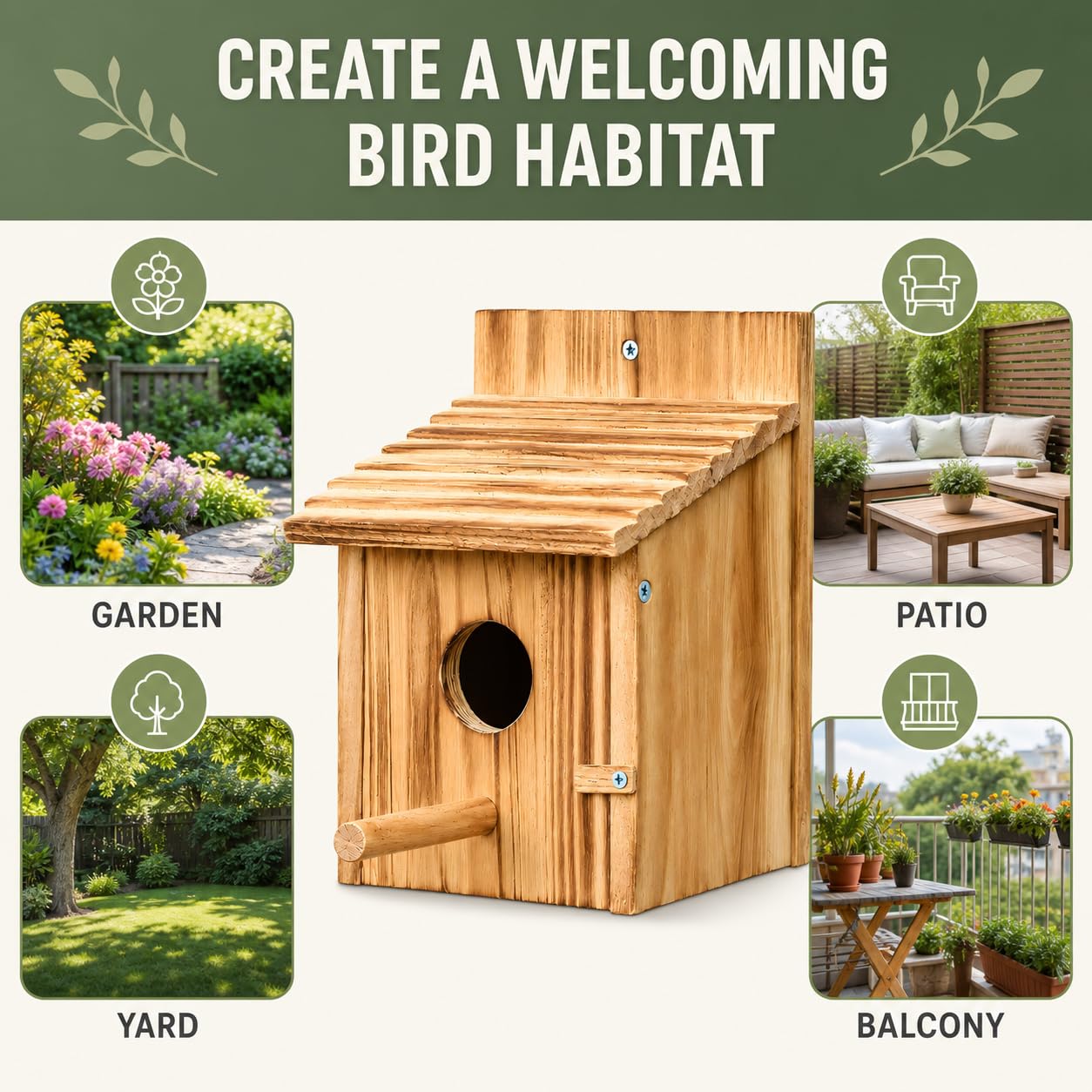 Wooden Bird House For Outside, Hanging Natural Wood Birdhouse With Perch, 1.5in Entrance & Side Clean-Out Door For Bluebirds, Wrens And Finches, Garden Decor
