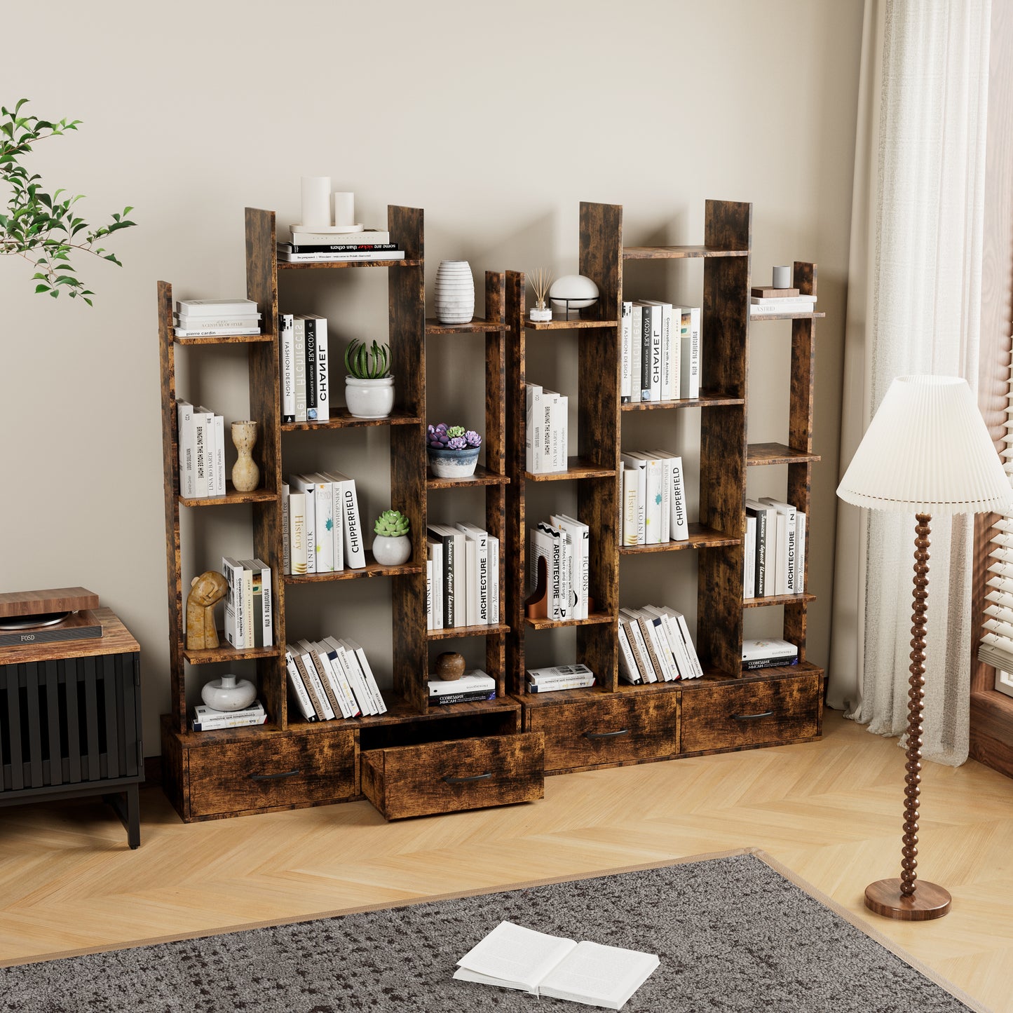 Bookshelf With 2 Drawers, Industrial Freestanding Open Display Shelving, Vintage Open Bookcase, 12 Storage Shelves, Book Case For Bedroom, Living Room, Home Office, Rustic Brown