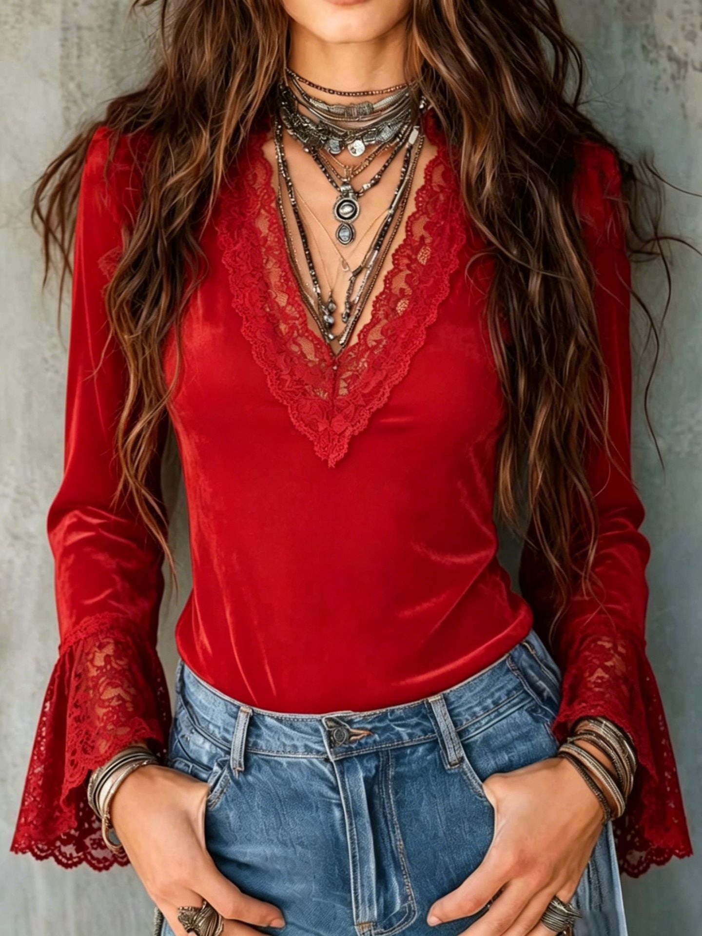 New Velvet Patchwork Deep-V Lace-trimmed Flared-sleeve Slim-fit Long Sleeves