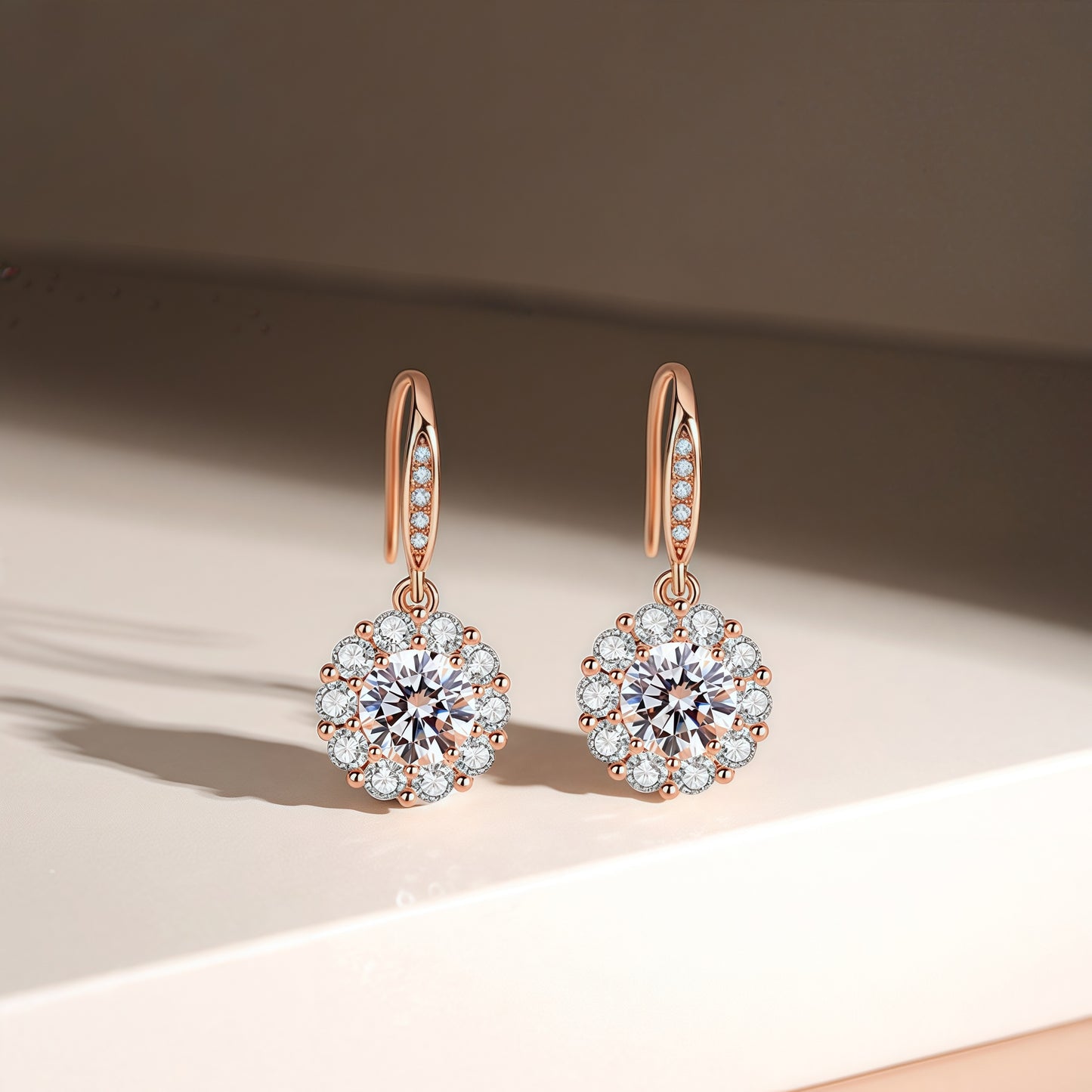 Sunburst Double Halo Round Clear CZ Leverback Dangle Drop Earrings For Women, Copper Rose Gold Plated Bridal Wedding Anniversary Fine Jewelry Gift