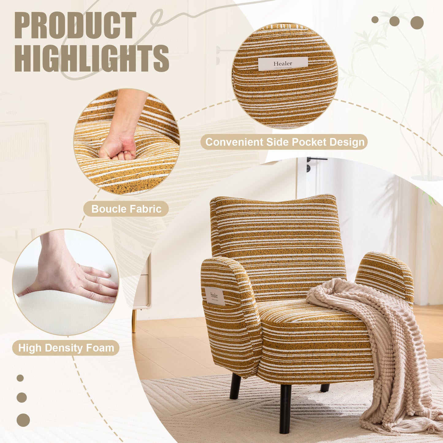 Modern Style Armchair With Sanded Fabric, Side Storage Pocket, Solid Wood Legs, Comfortable Reading Chair For Living Room, Bedroom, Office