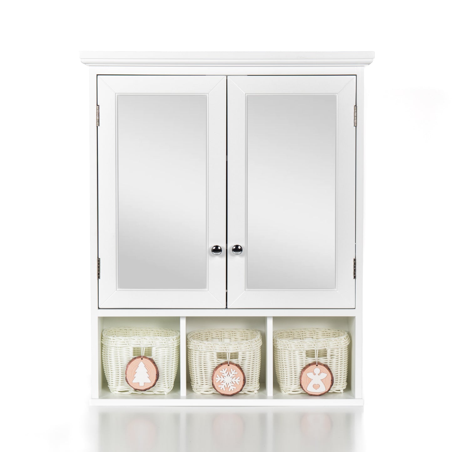 Bathroom Storage Cabinet, Medicine Cabinets For Bathroom With Mirror, 2 Doors 2 Adjustable Shelf  3 Christmas Style Storage Basket, White Wood Cabinet Wall Mounted For Bathroom Laundry Room Kitchen