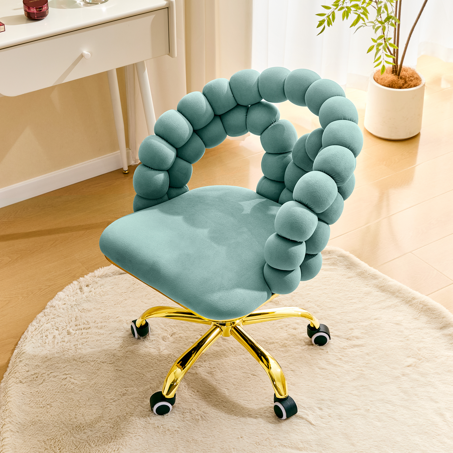 Modern Velvet Adjustable Swivel Desk Chair With Bubble Back, Upholstered Vanity Chair With Gold Metal Base, Rolling Office Chair For Home Office, Bedroom, Makeup Room, Teal  Set Of 1