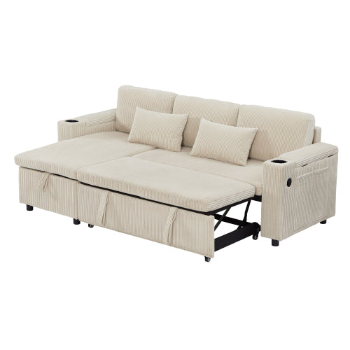 3 In 1 Convertible Corduroy Sofa Bed With Storage Chaise, L Shaped Sleeper Sofa Couches With Armrest Storage And Charging Station. Pullout Sectional Daybed For Living RoomBedroomOffice, Grey