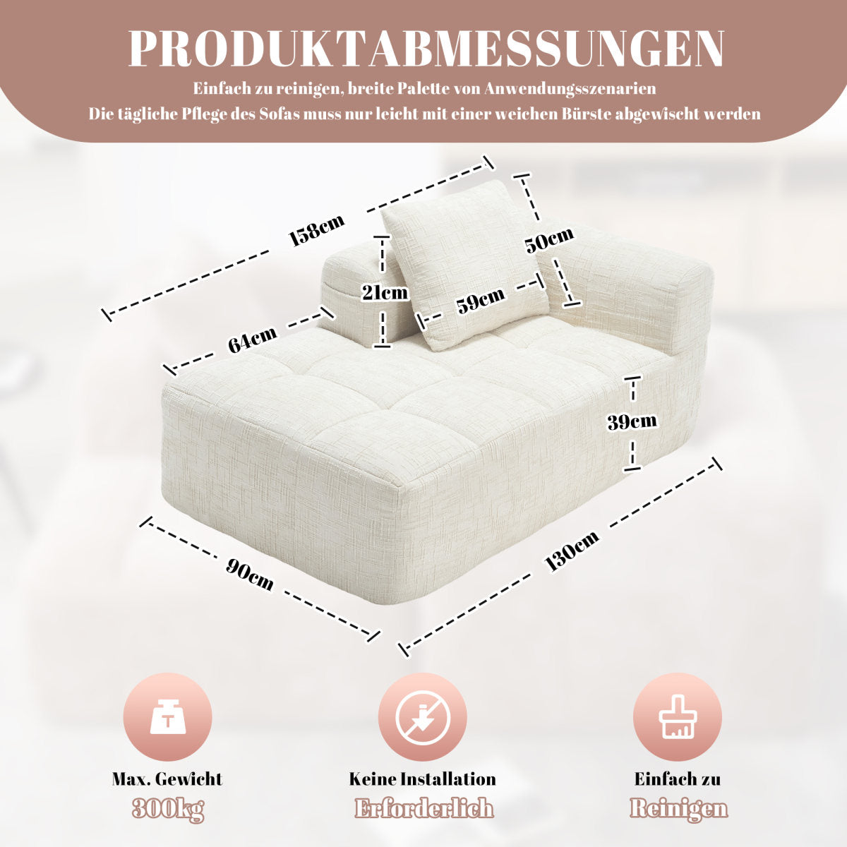 Comfortable Chaise Longue Sofa, No Assembly Required, Soft Sofa With Cushions, Side Pockets For Remote Control And Mobile Phone, Neat And Stylish, Beige