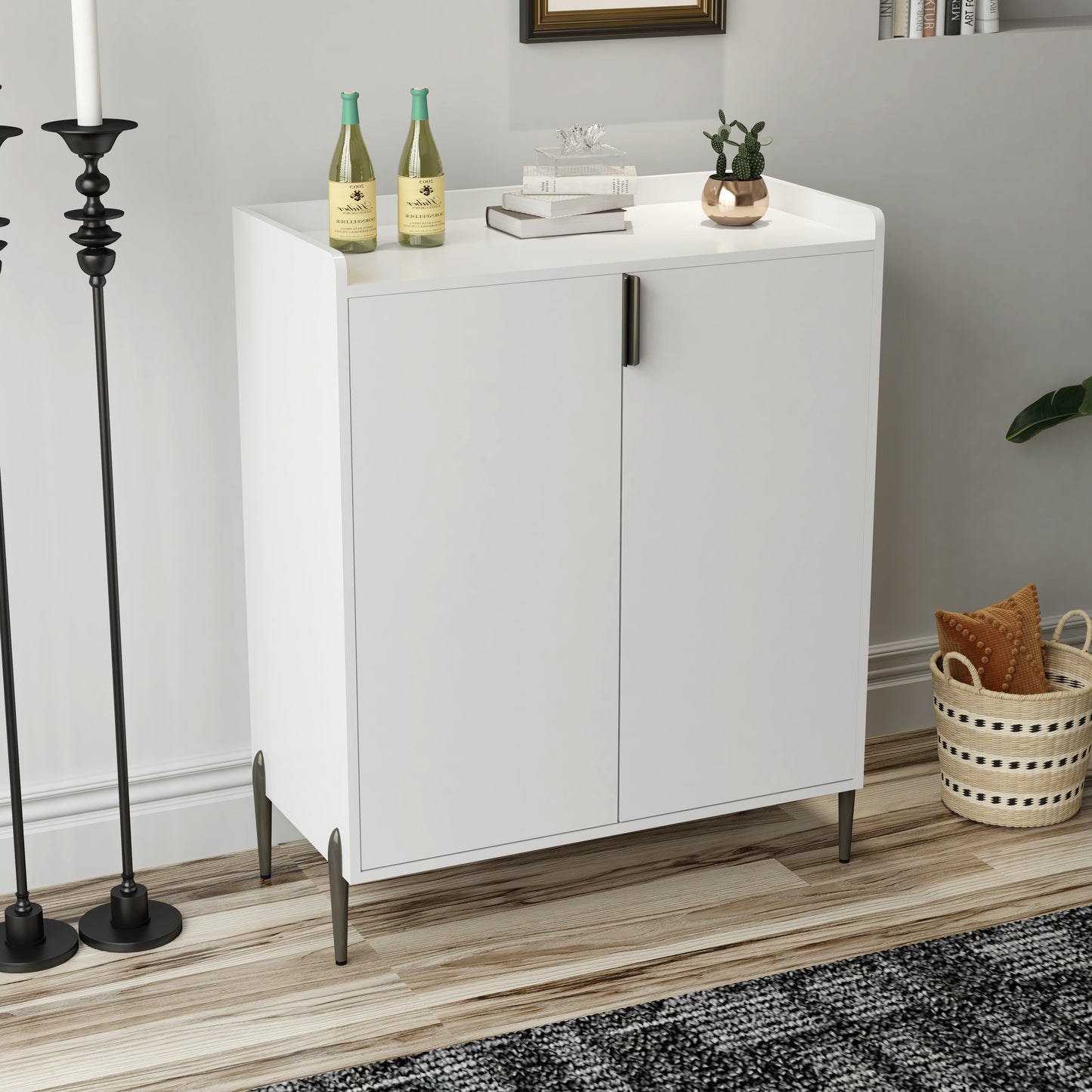 2 Doors Home Wine Bar Cabinet With Wine Rack & Adjustable Storage Shelf, Modern Sideboard With Soft-closing Hinge, Dinning Room Buffet Cabinet, Liquor Cabinet Kitchen, Living Room Coffee Cart White