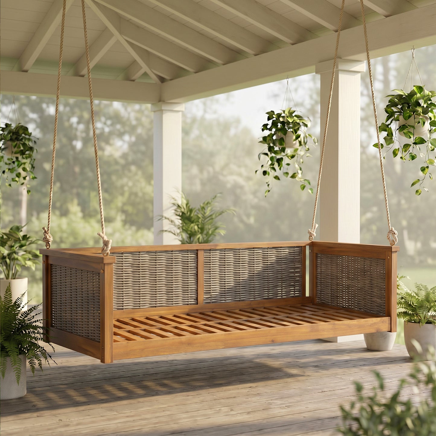 TOPMAX Outdoor Classic Solid Wood Twin Size Swing Bed,Garden Porch Rattan Swing Frame With Long Ropes For Poolside, Backyard,TEAK