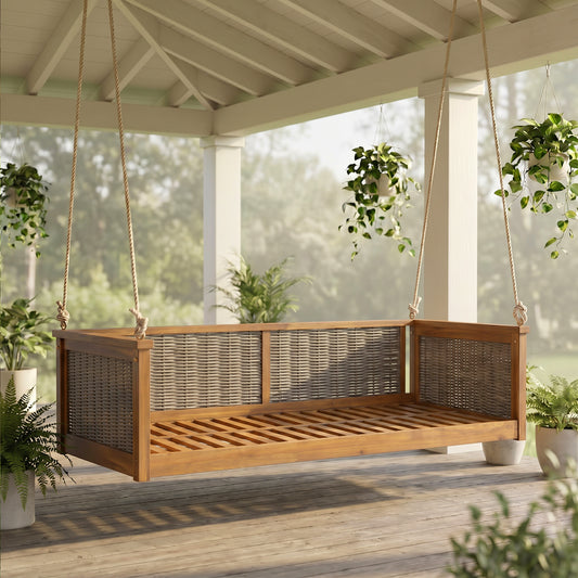 TOPMAX Outdoor Classic Solid Wood Twin Size Swing Bed,Garden Porch Rattan Swing Frame With Long Ropes For Poolside, Backyard,TEAK