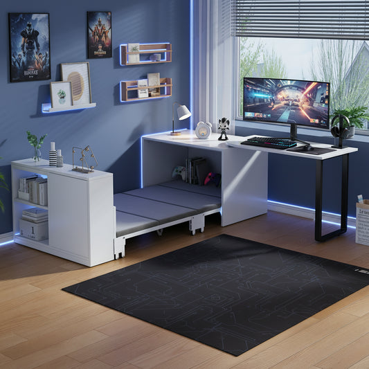 This 2-in-1 Desk And Folding Bed Feature A Metal Bed Frame And Legs, A 4cm Thick Mattress, Castors, A Single Cabinet With Two Storage Compartments And Are White.