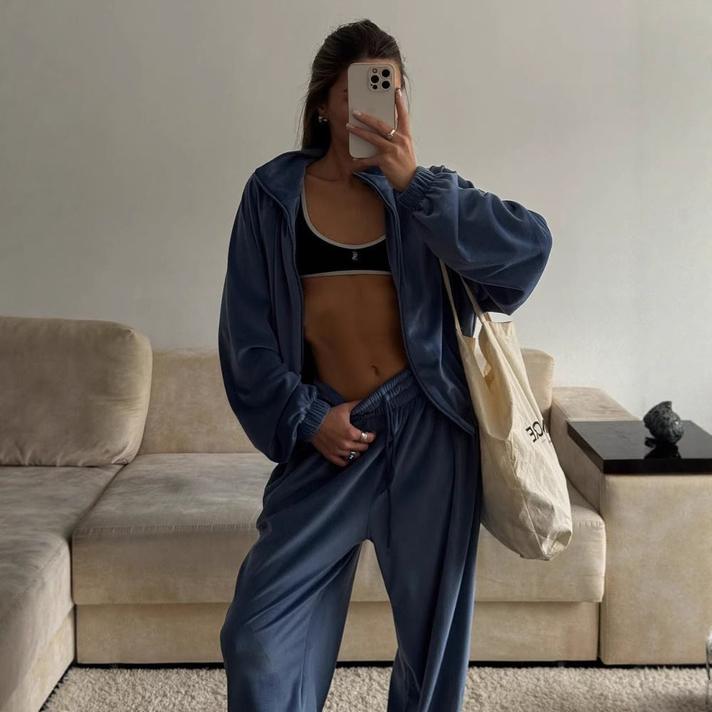 New Casual Womens Set Solid-color Long-sleeve Zip-up Cardigan And Sweatpantstwo-piece Set