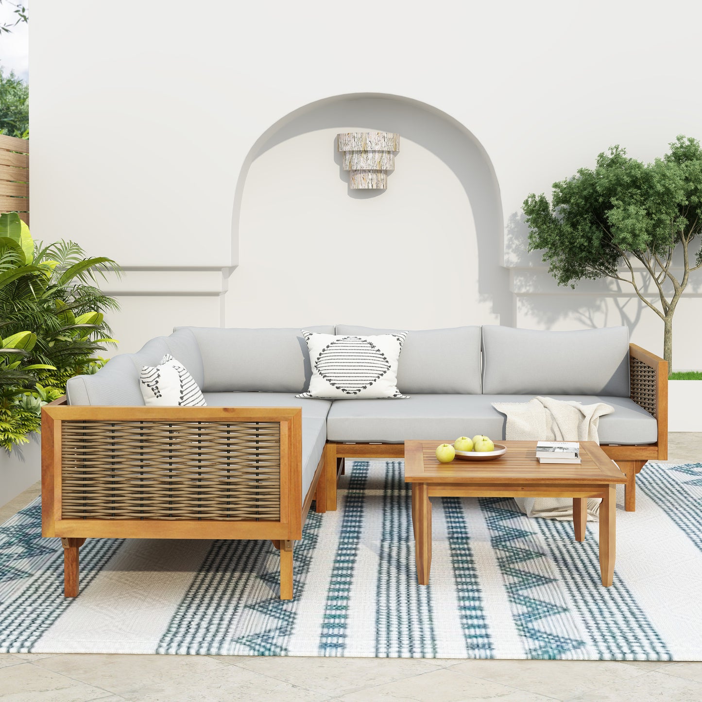 SECTIONAL SEATING GROUP WITH WATERPROOF CUSHIONS - PREMIUM OUTDOOR SOFA SET LIGHT GRAY CUSHION