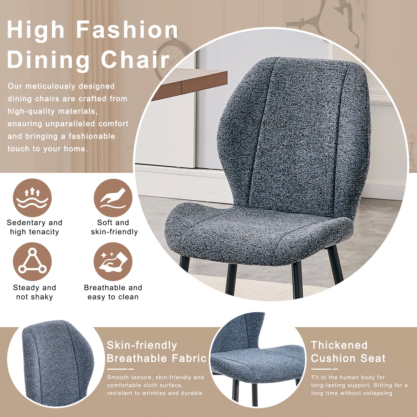 4-pack Of Modern Minimalist Dining Chairs In Smog Blue Fabric, Featuring Spacious And Comfortable Cushions.Black Metal Legs And Adjustable Feet, Suitable For Dining Room, Study & Office ,etc.