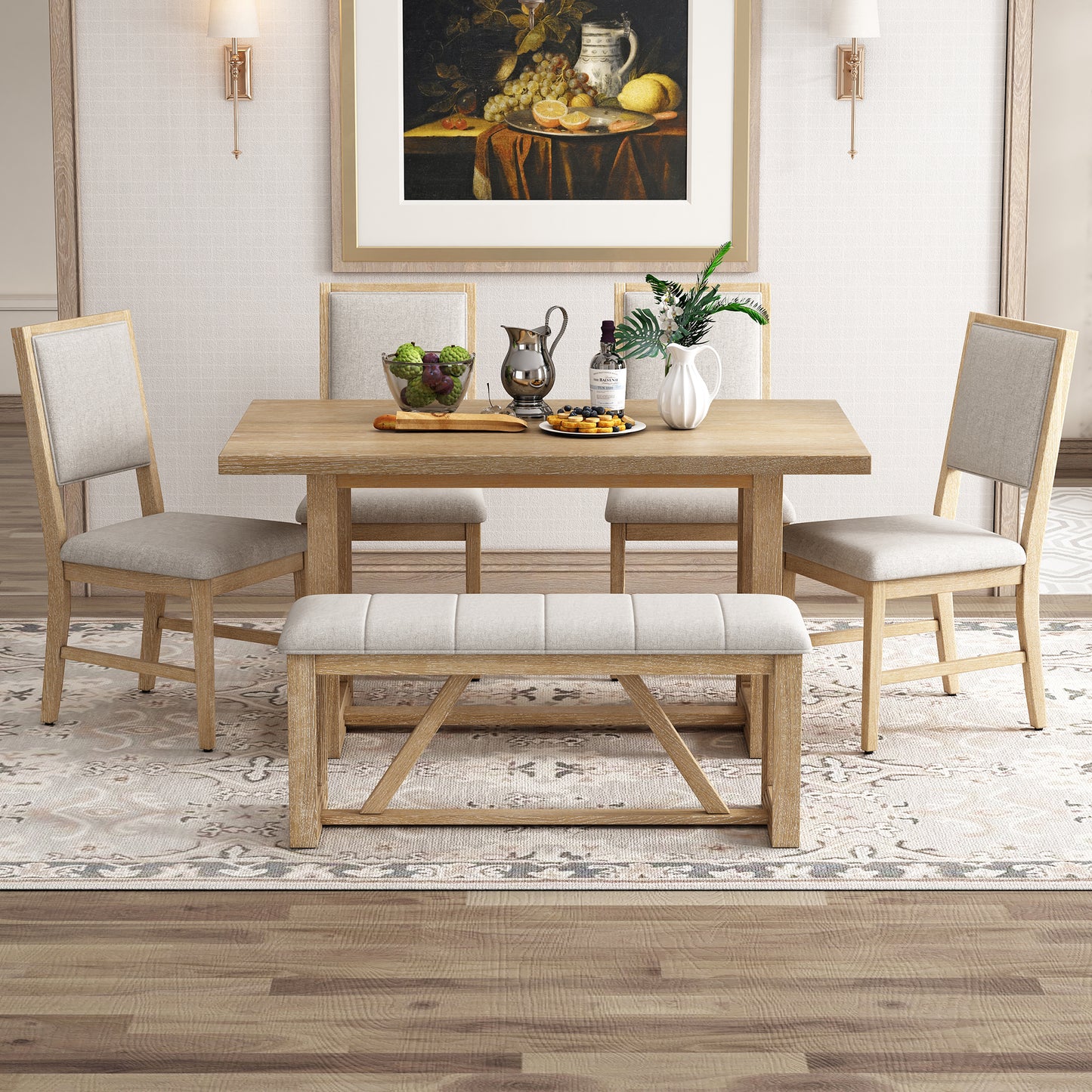 TREXM 6-Piece Retro Dining Table Set For 6  60 Wood Kitchen Table And Chairs Set Of 4 With Bench Designed Trestle Base For Kitchen & Dining Room  Natural