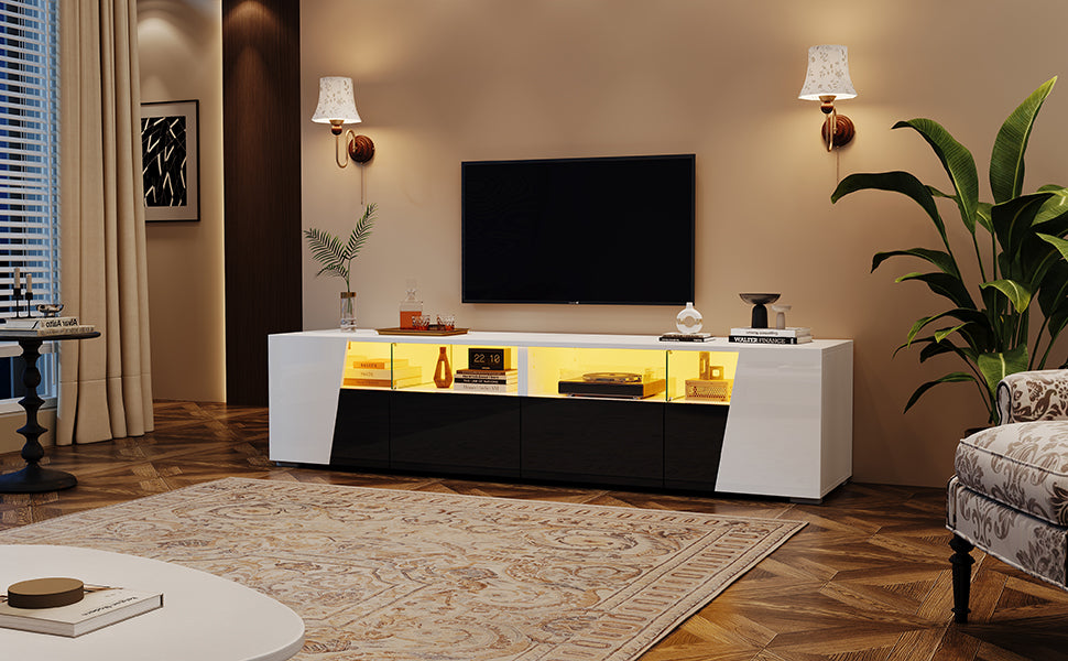 180x38.5x45cm High Gloss TV Stand, TV Cabinet With LED Lighting, Lowboard, TV Table, TV Board, TV Cabinet, 2 Drawers, 2 Wardrobes, Open Storage Bins, For 80-Inch TV, White- Black